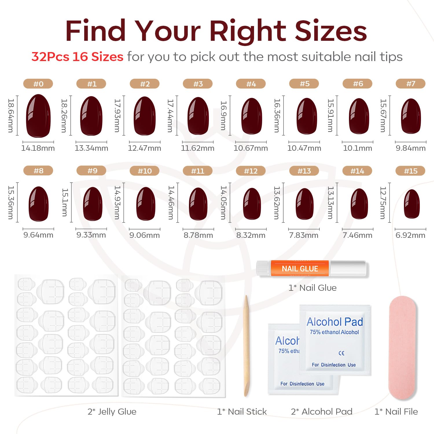 Detalle de modelones Dark Red Short Oval Press-On Nails: 32-Piece Set with Glue, Tabs, File & Prep Pads