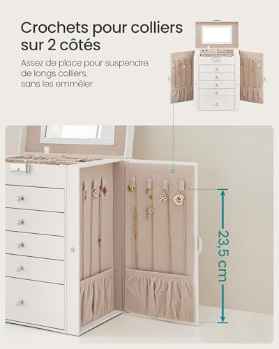 Detalle 2 de SONGMICS Boîte à bijoux 6 niveaux avec 5 tiroirs, miroir et serrure