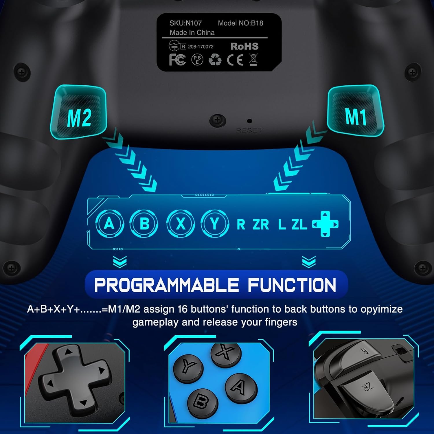 Detalle de Fanxieast Upgraded Wireless Controller for Nintendo Switch (Lite/OLED) – Turbo, programmable back buttons & quick wake-up