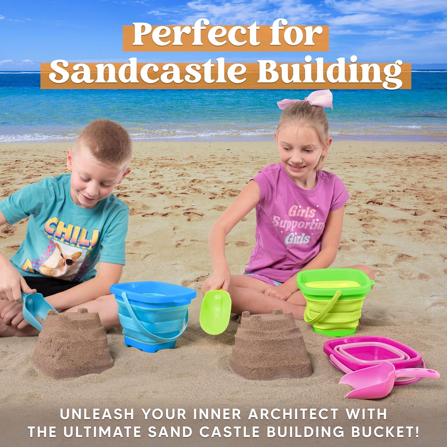 Detalle de Sloosh 3-Pack Collapsible Sand Toys – Square Foldable Pail Buckets with Shovels (Pink/Blue/Green)