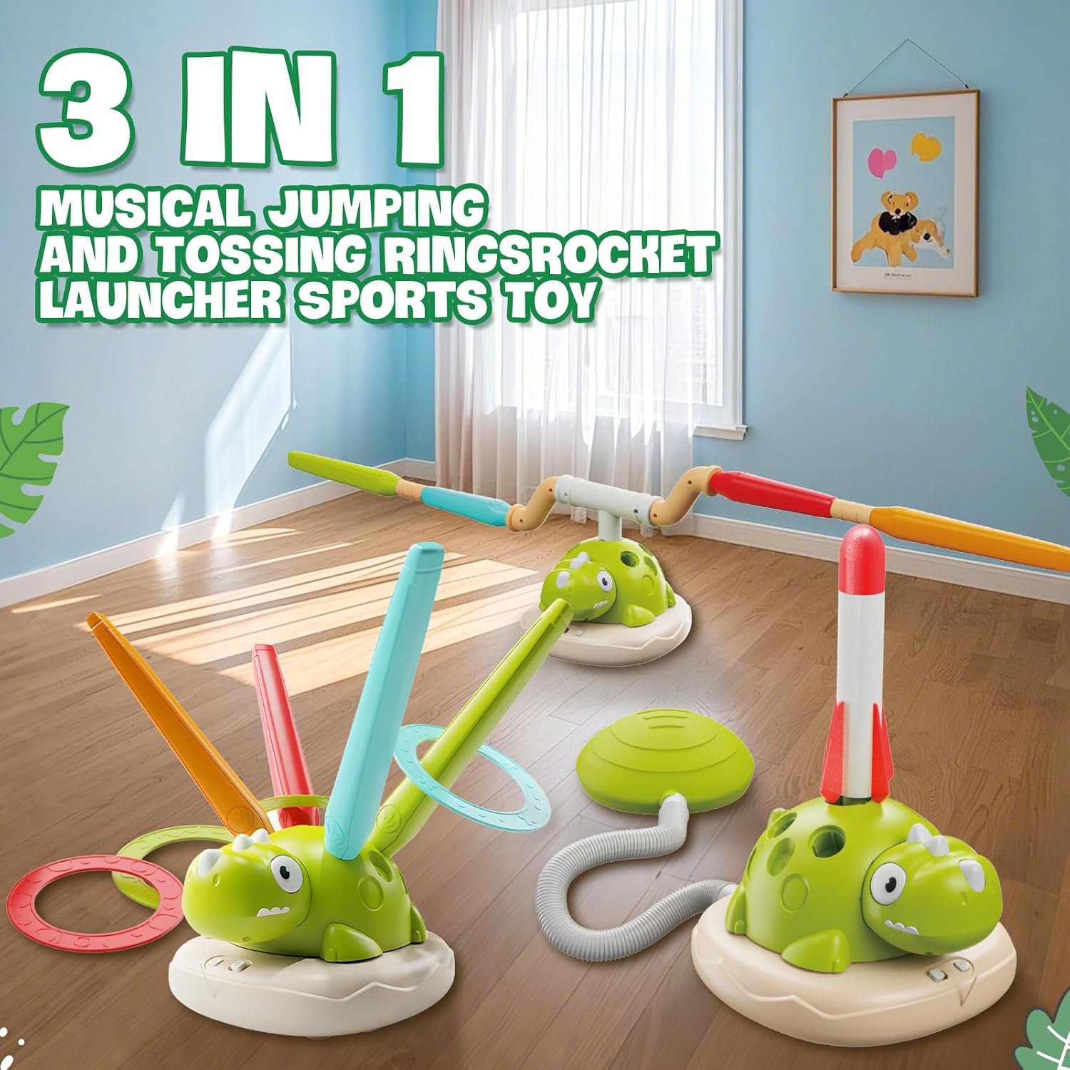 Detalle de DAOUZL 3 in 1 Spiele für Kinder – Raketenwerfer, Ringwurfspiel und Hüpfspiel im Dino-Design