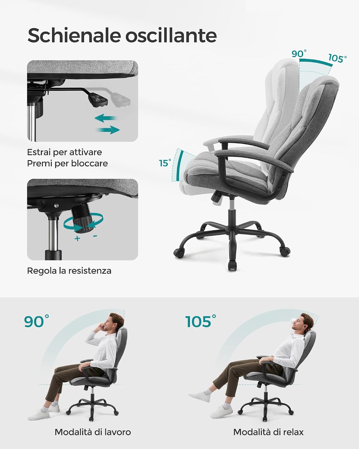 Detalle 2 de SONGMICS Sedia da Ufficio OBG057G01: ergonomia regolabile e comfort per una daily workstation