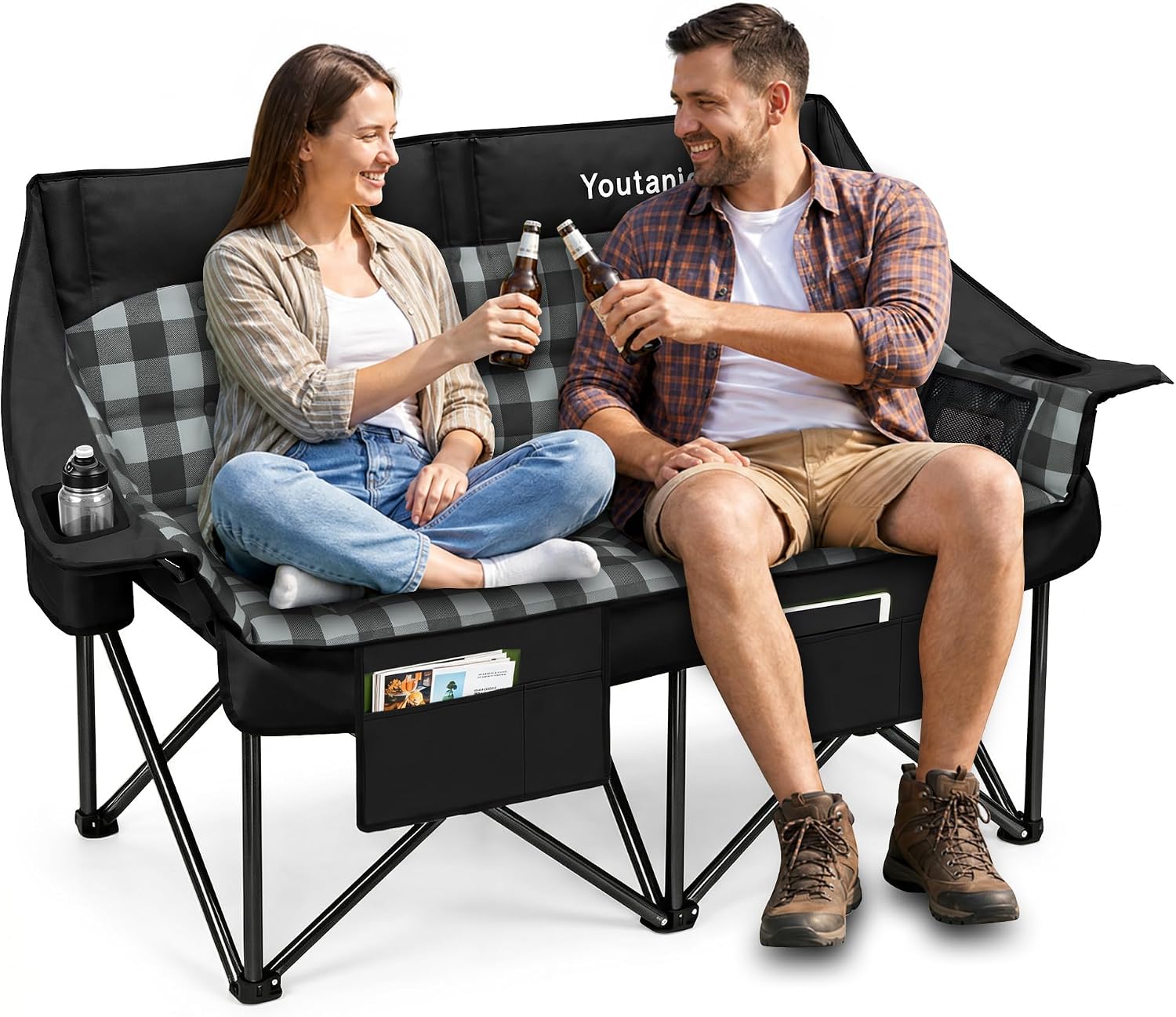 Detalle de Youtanic Oversized Double Camping Chair (Folding Loveseat) with Cup Holder, Pockets & Carry Bag, Black
