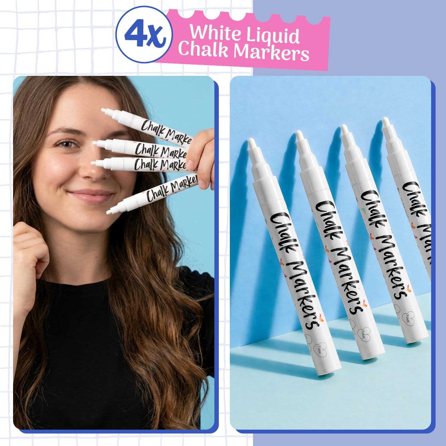 Detalle 2 de Chalkola Fine Tip White Chalk Pens (Pack of 4) – reversible 3mm bullet & chisel tip liquid chalk markers