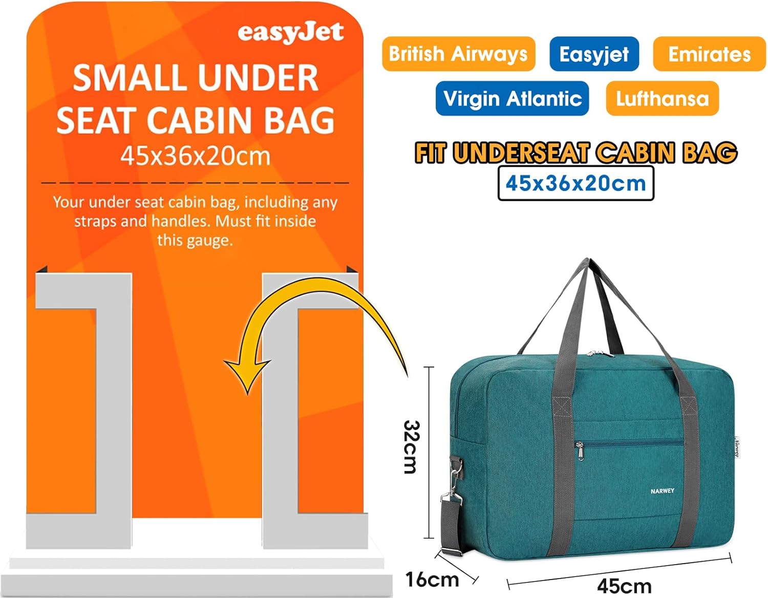 Detalle de Easyjet Cabin Bag 45x36x20 – Thick Series Teal Underseat Holdall