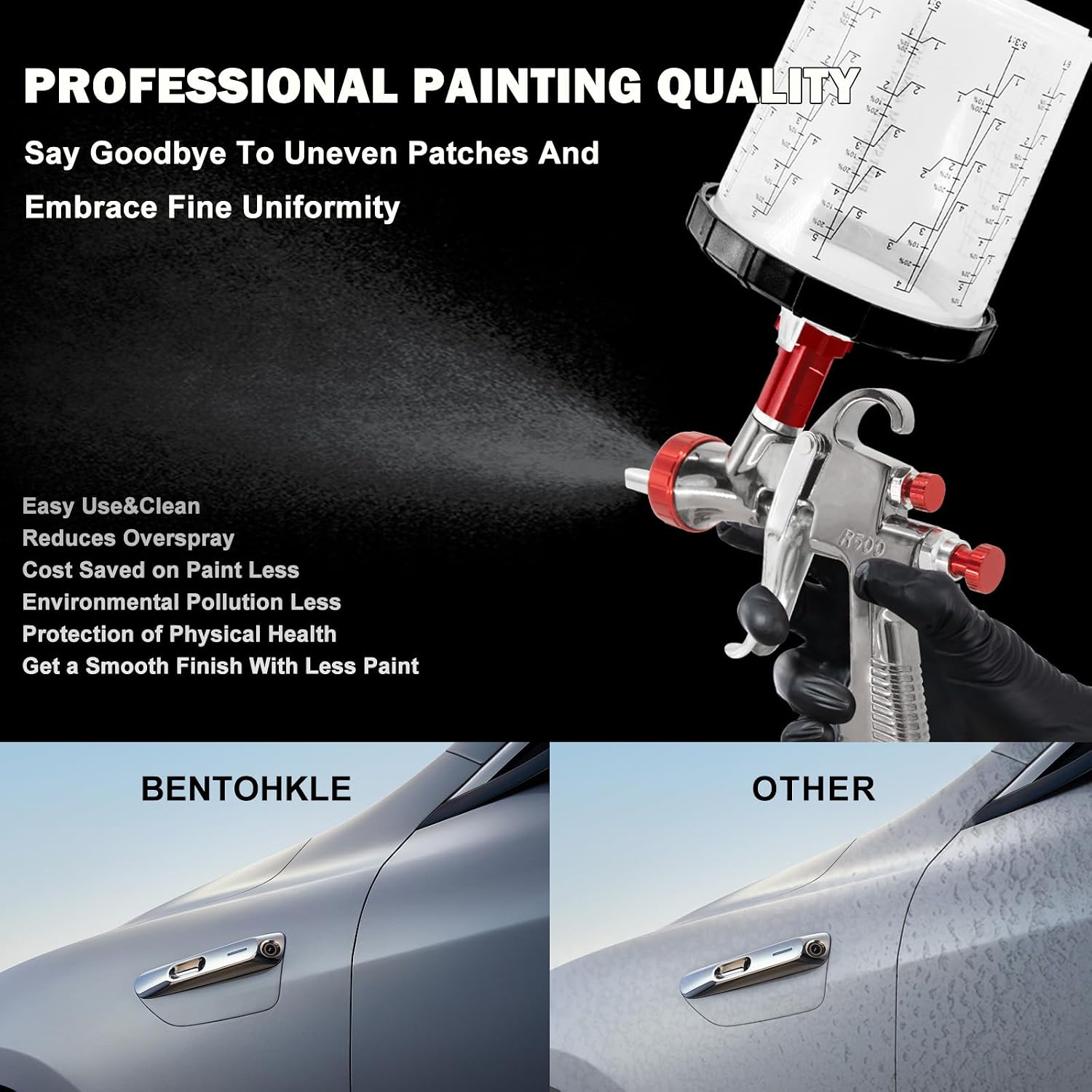 Detalle 1 de BENTOHKLE R500 LVLP Air Spray Gun with 650 mL Cup, 4 Nozzles and 10 Disposable Cups