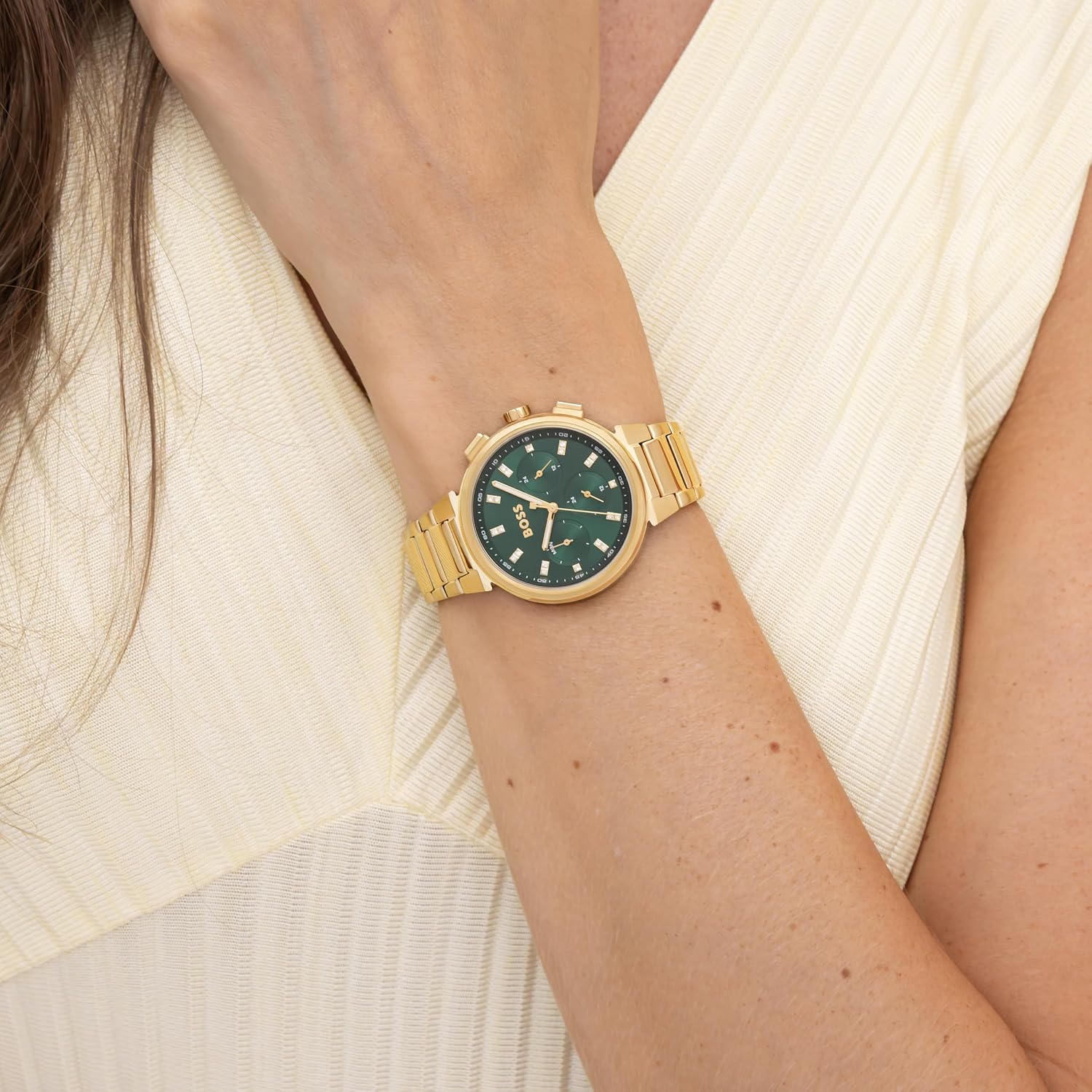 Detalle 2 de BOSS Multi Zifferblatt Quarz Damen Uhr Kollektion ONE 1502679 mit goldfarbenem Edelstahlarmband