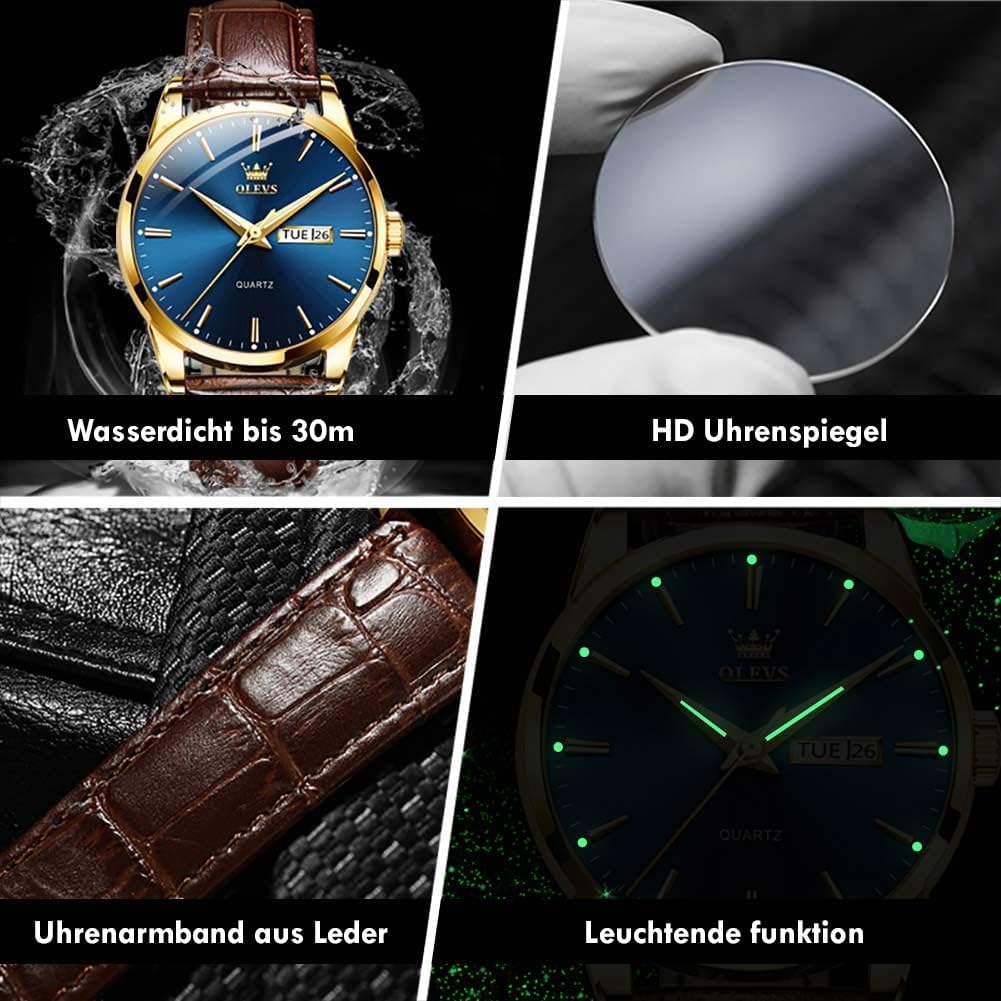 Detalle 2 de OLEVS Herrenuhr mit braunem/ schwarzem Lederarmband – Quarz, Datum & Wochentag, Leuchtzeiger, 30 m wasserdicht