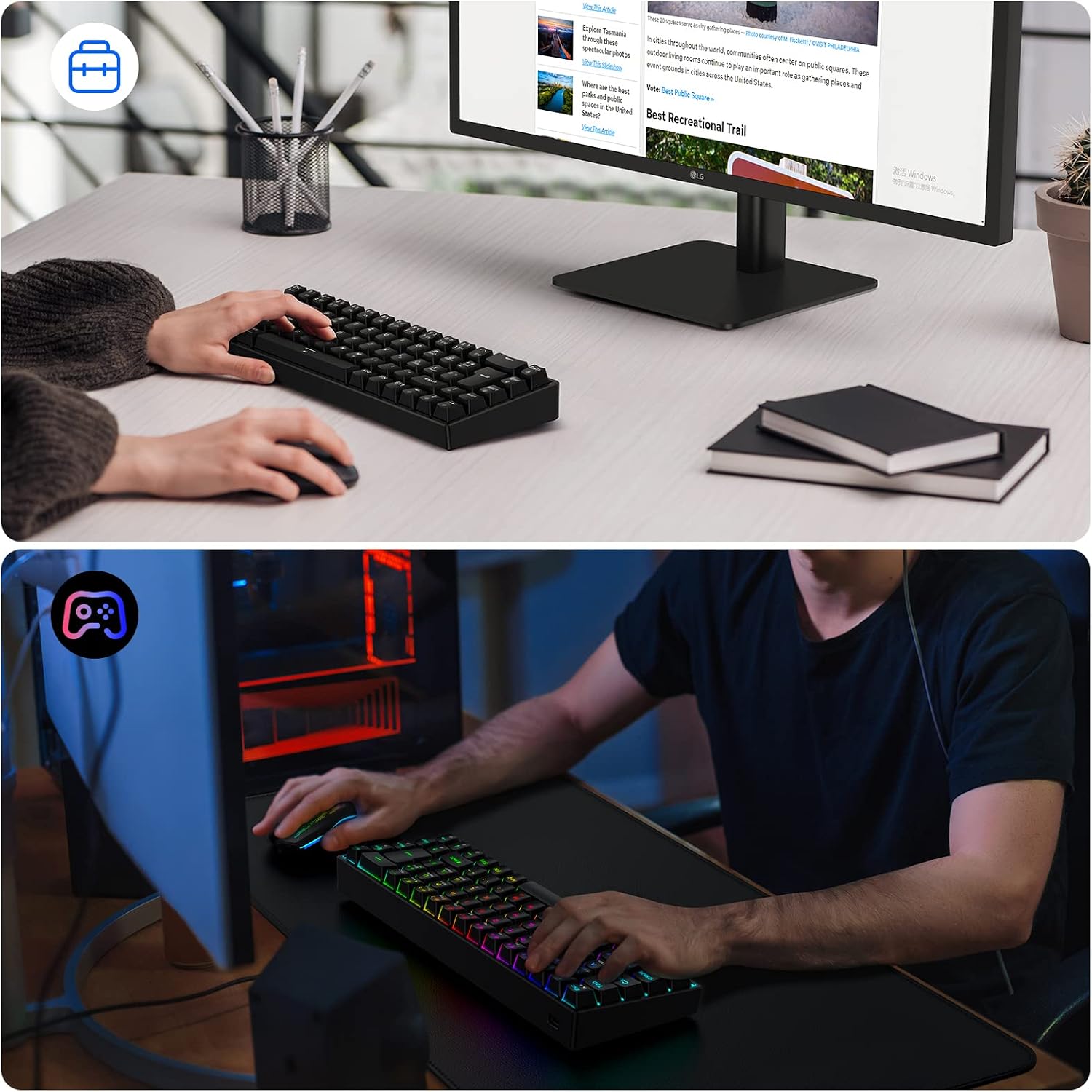Detalle de TECURS Wireless Mechanical RGB 65% Keyboard (UK Layout) – 68 Keys, Red Switch, Bluetooth/2.4G/Wired
