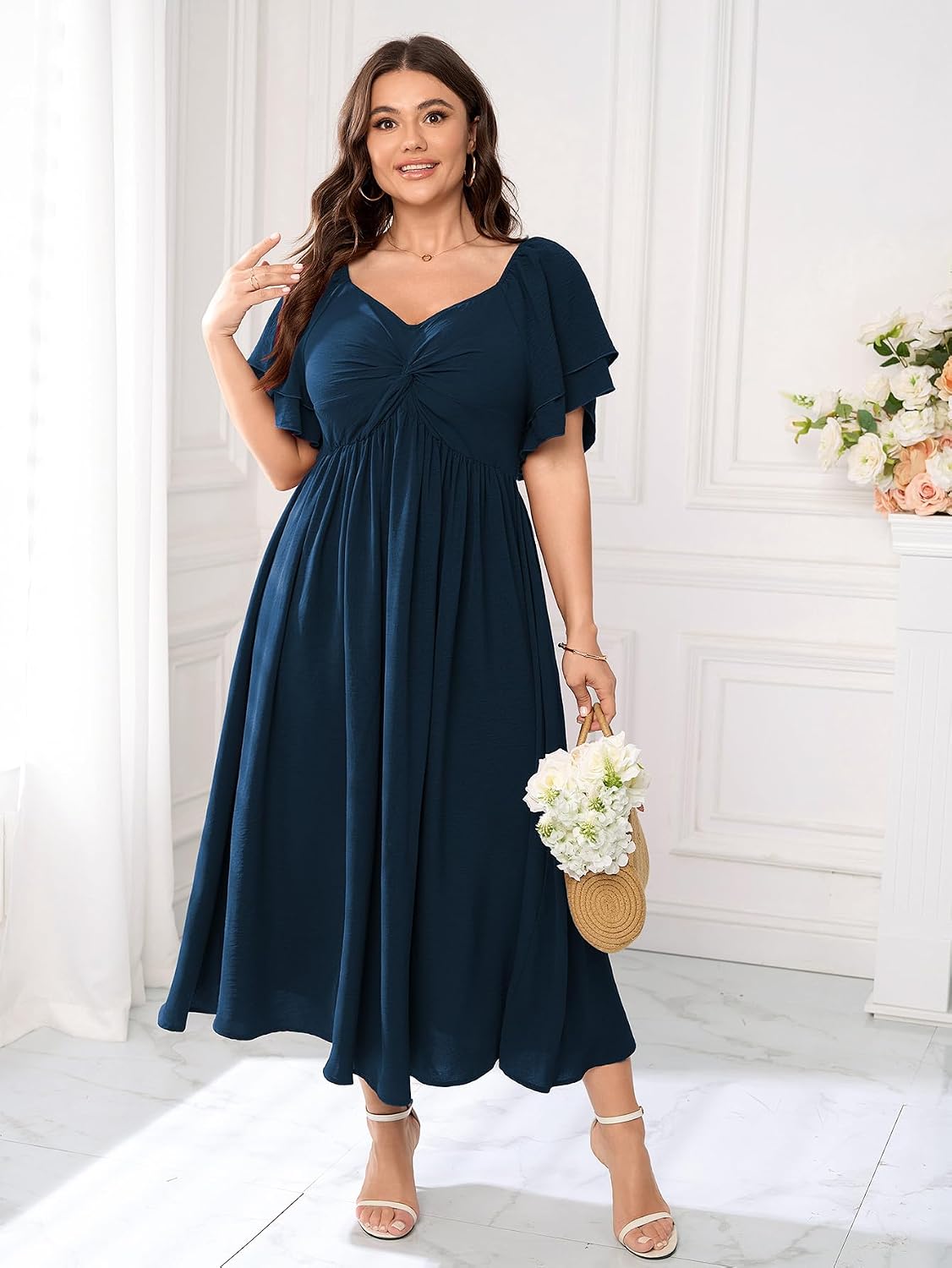 Thumbnail 3 de SCOMCHIC Women's Plus Size Wedding Guest Cocktail Dress with Sweetheart Neckline and Ruffle Sleeves