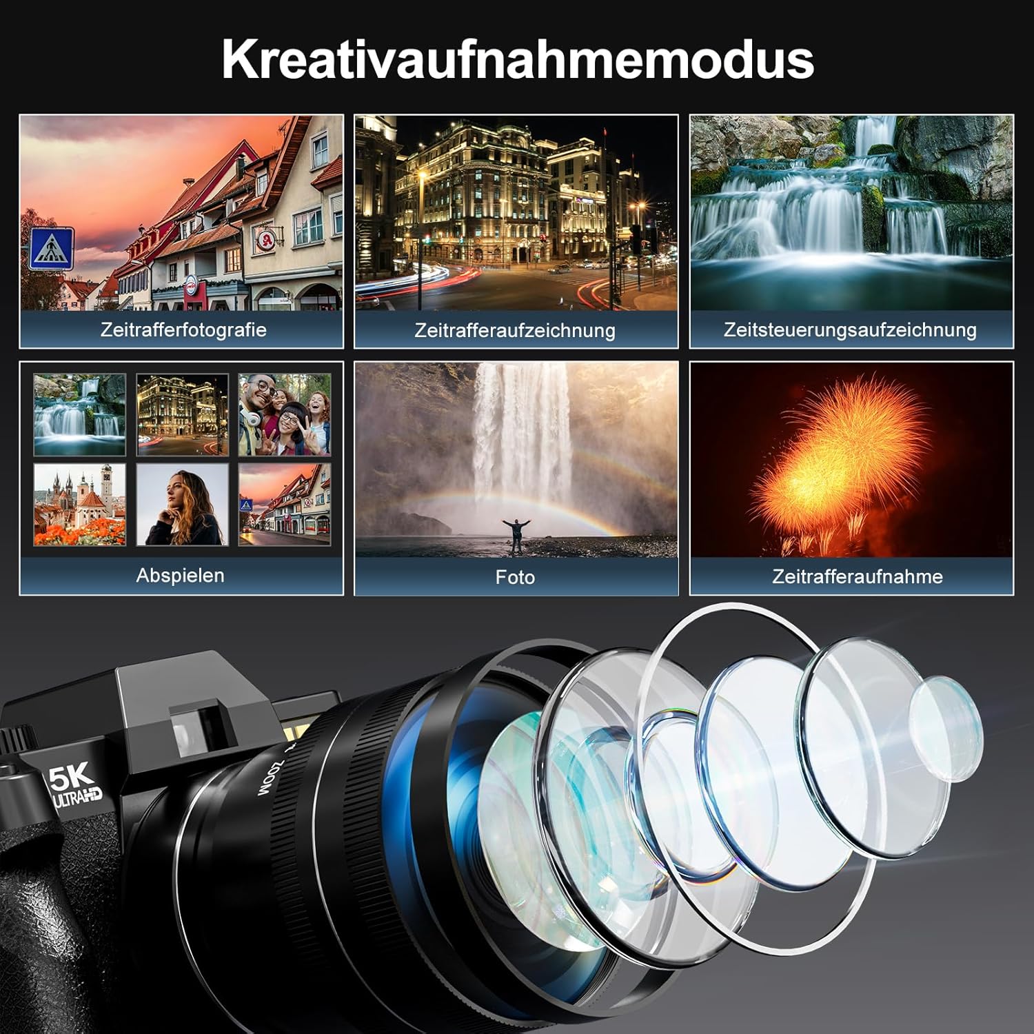 Thumbnail 1 de 5K-Digitalkamera für Fotografie & Vlogging – Komplettset mit 64 MP, 180°-Flipdisplay und Objektivkit