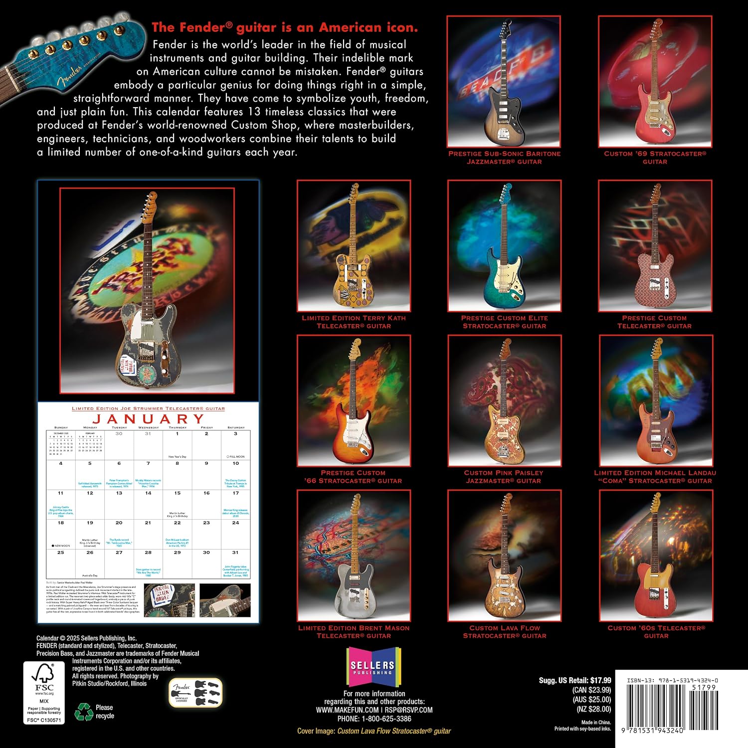 Detalle de Sellers Publishing CA-4324 Fender Custom Shop Guitars 2026 Wall Calendar