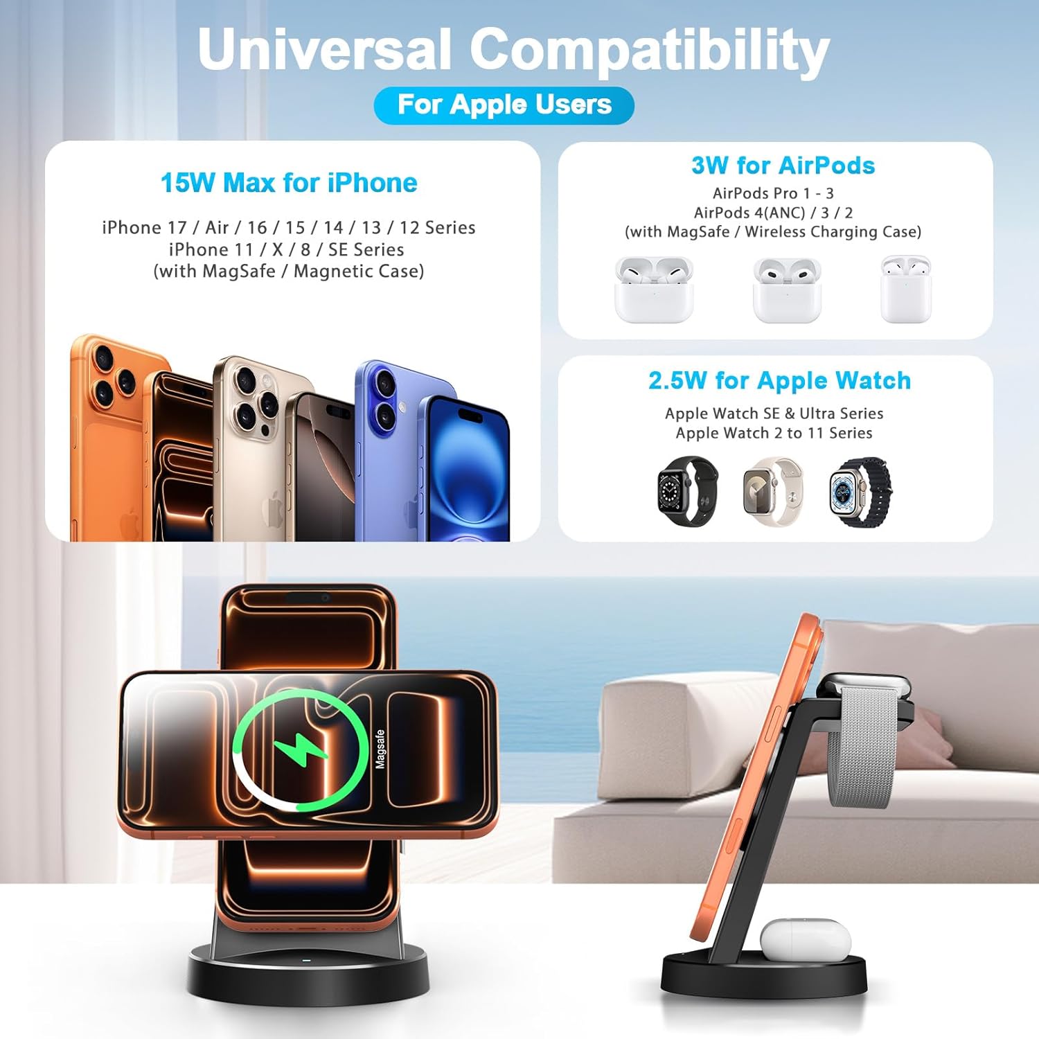 Thumbnail 1 de 15W Magnetic Wireless Charger Stand (Qi2) for Apple 3-in-1 Charging Station