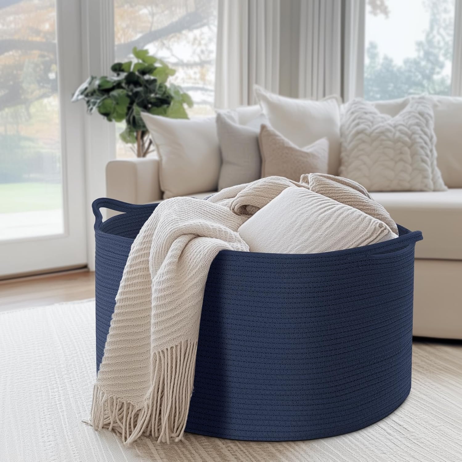 Detalle de Maliton faltbarer Aufbewahrungskorb für Kleidung & Bettwäsche (D50 x H33 cm) mit 4 Taschen – Baumwollseil, Marineblau
