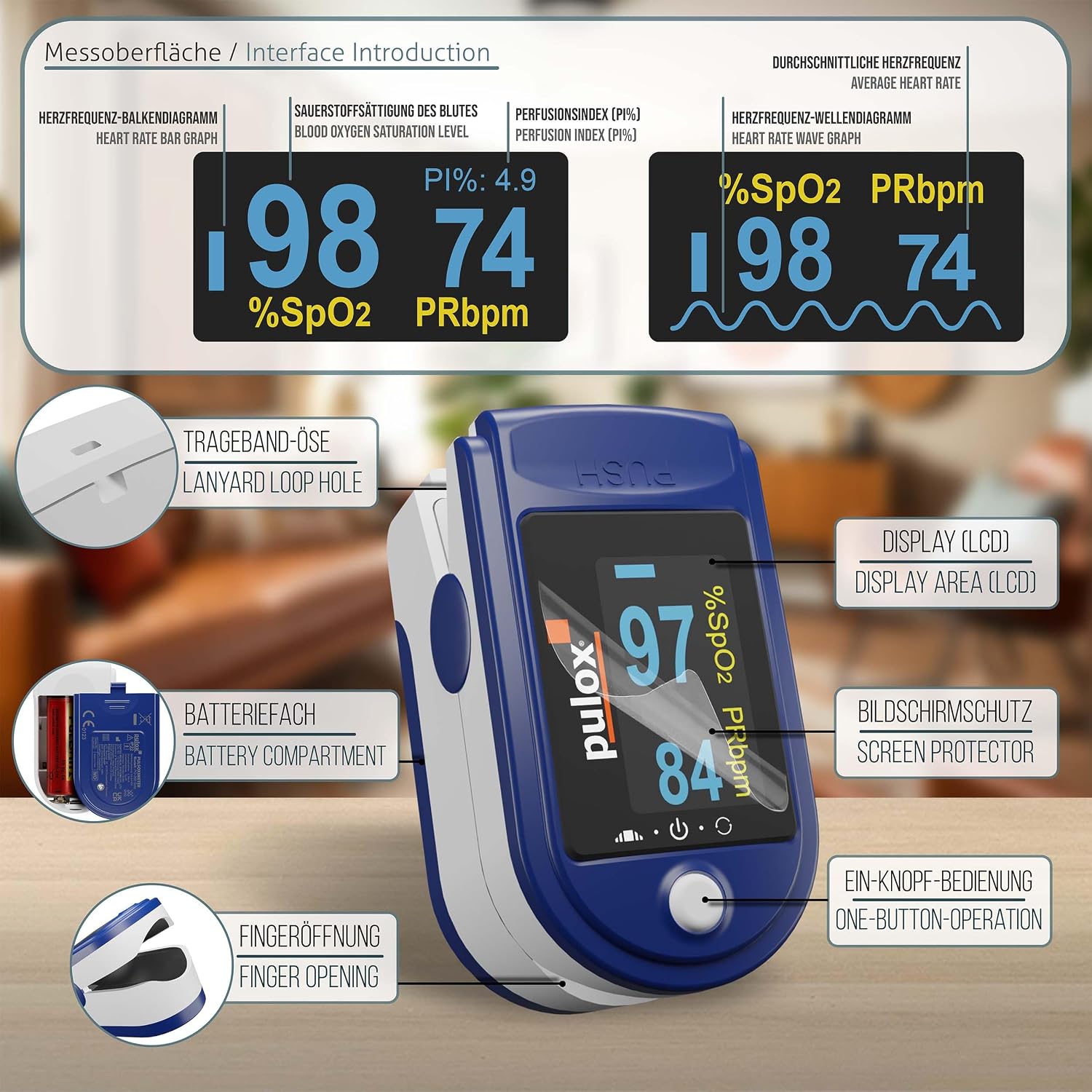 Detalle 2 de Pulox PO-200 Solo Pulsoximeter Blau – zuverlässige Messung von SpO2, Puls und PI