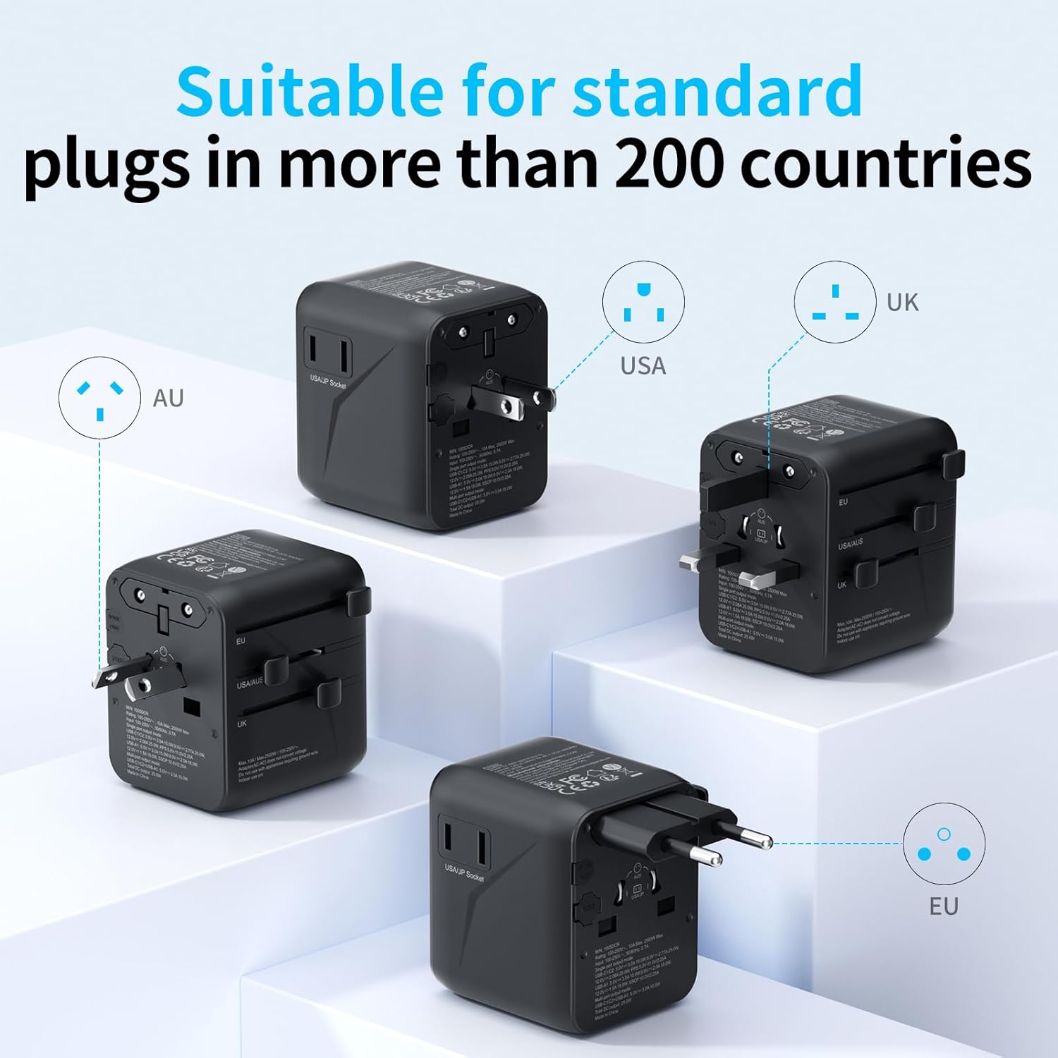 Thumbnail 3 de 5-in-1 Reiseadapter Weltweit Universal Adapter mit USB A & USB C und 2 Steckdosen (für EU, USA, UK, Japan u. a.)