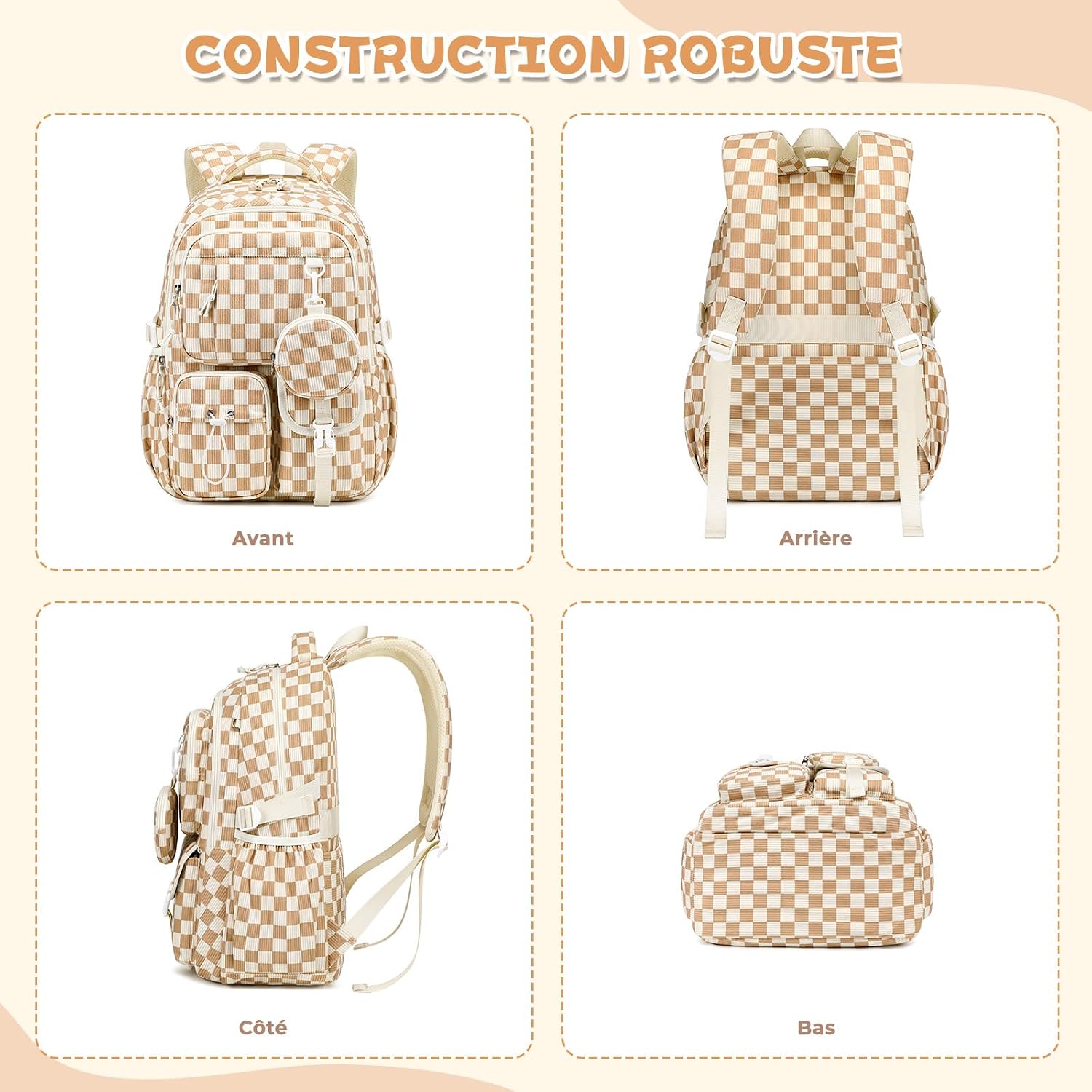 Thumbnail 6 de Sisipoet Sac à Dos Velours Côtelé Damier, Cartable Avec Pochette Ronde – idéal pour l’école