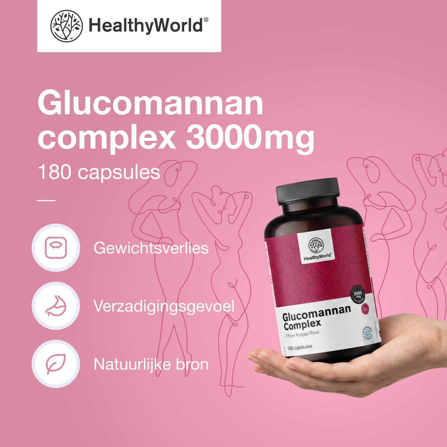 Detalle 2 de HealthyWorld Glucomannan Complex 3000 mg capsules met choline, chroom en D3