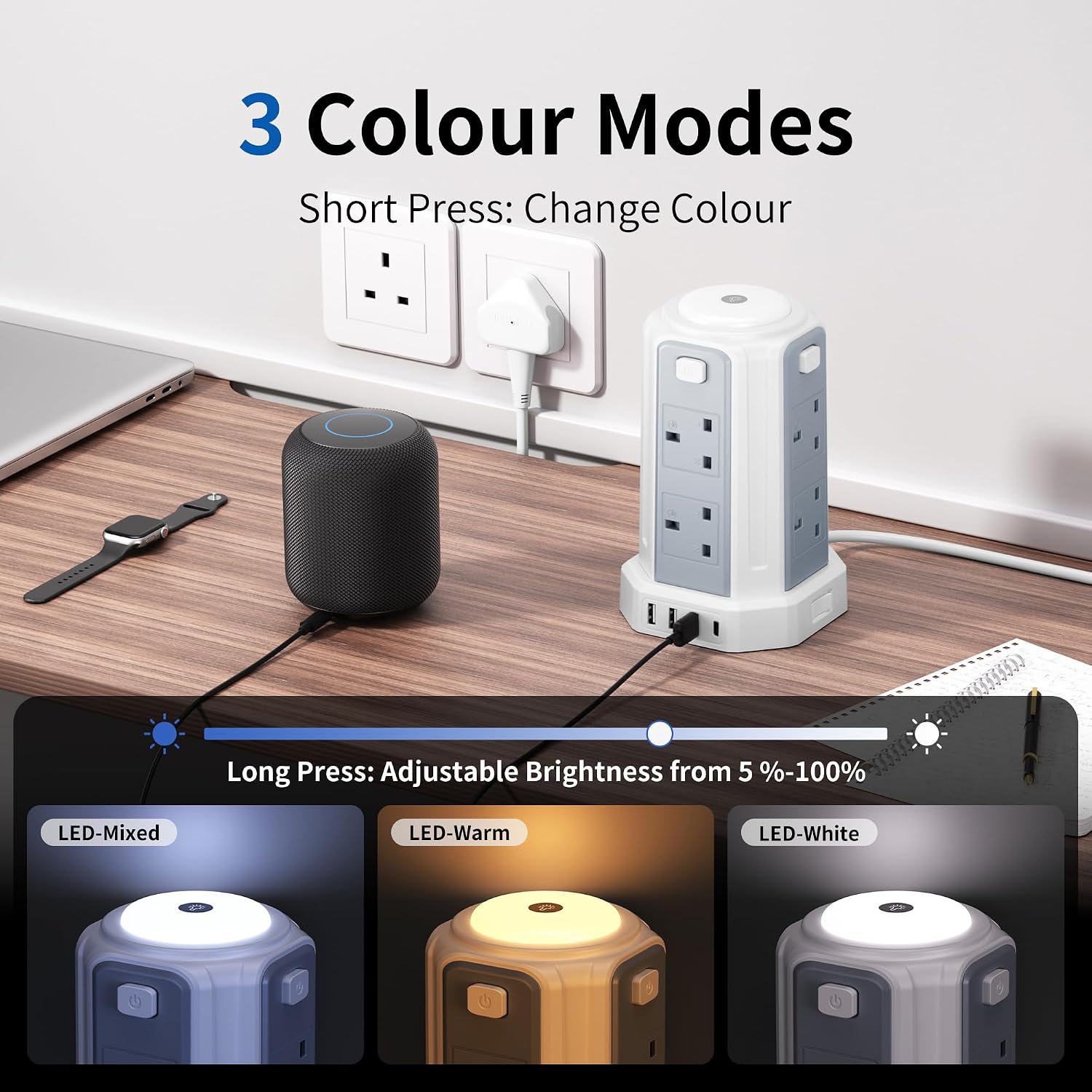 Detalle de Tower Extension Lead 3M 3250W Surge Protector with 8 AC & 4 USB ports ๐