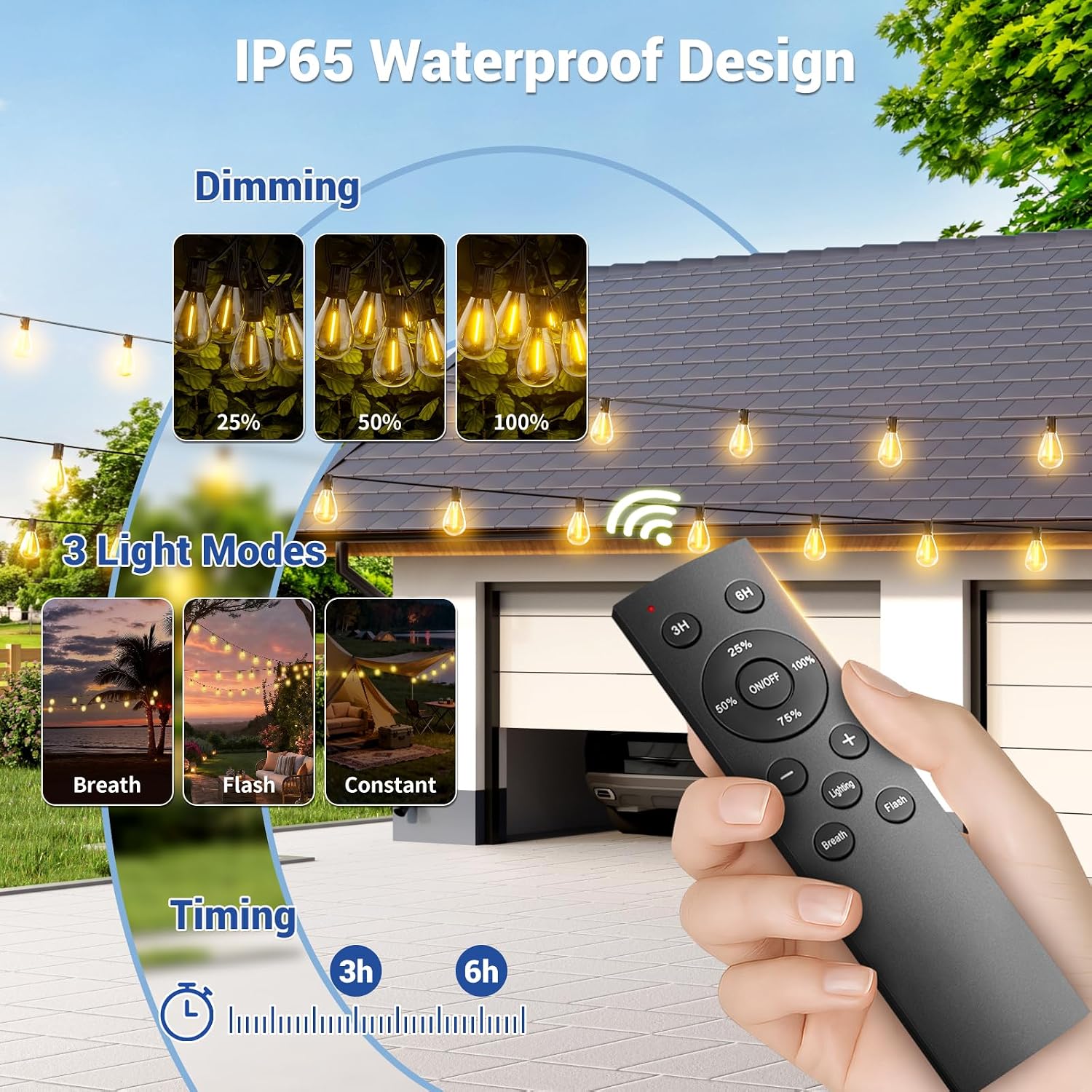 Detalle de Sikitul S11 100 ft Solar String Lights, 36 Warm White LEDs, Remote & USB-C