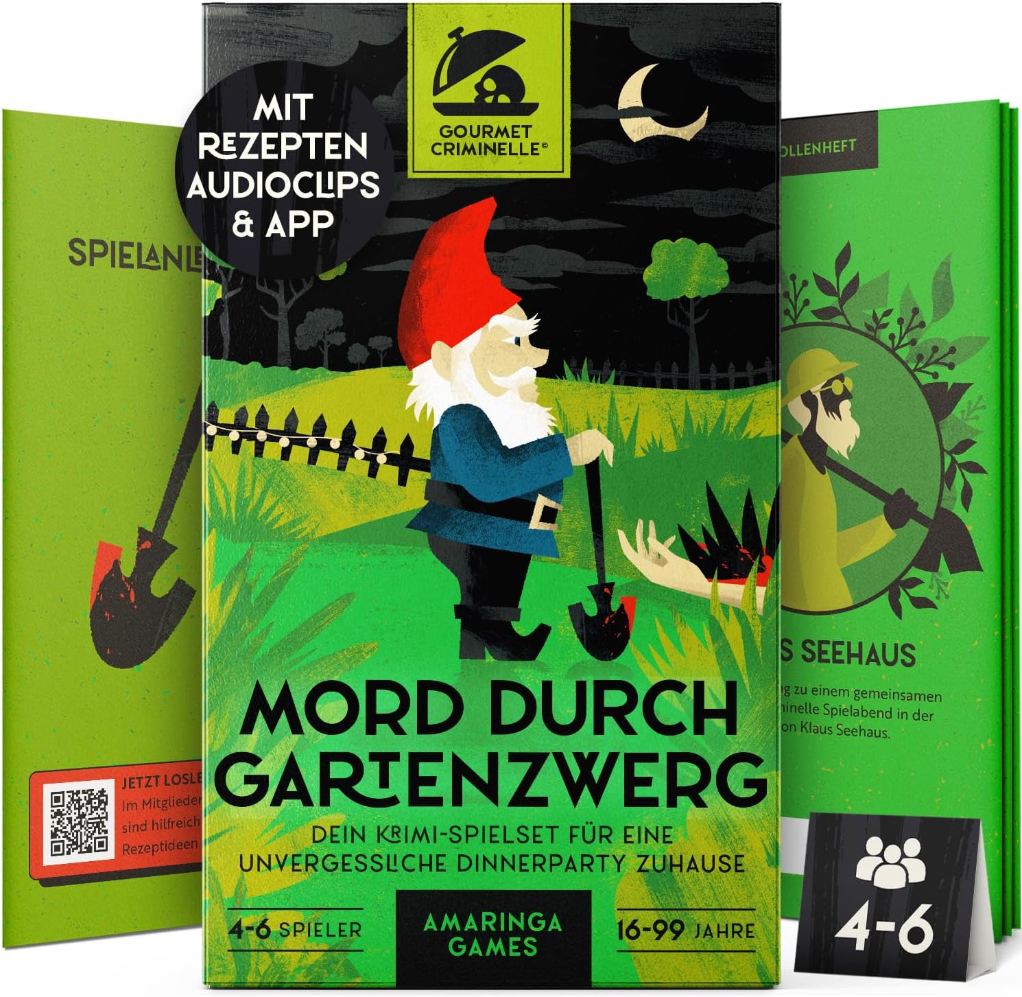 Detalle de Gourmet Criminelle® Krimidinner für zuhause – Mordfall mit Gartenzwerg, Spiel für 4–6 Personen ab 16 Jahren