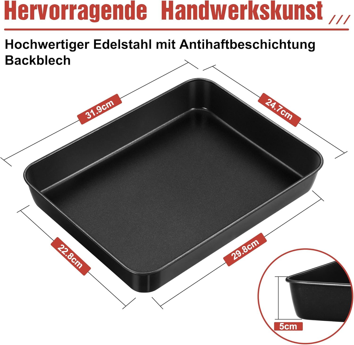 Detalle 2 de HaWare Antihaft Backblech aus Edelstahl – tiefes Rechteck-Backblech 31,6 × 24,6 × 5 cm für Brownies, Lasagne und Aufläufe