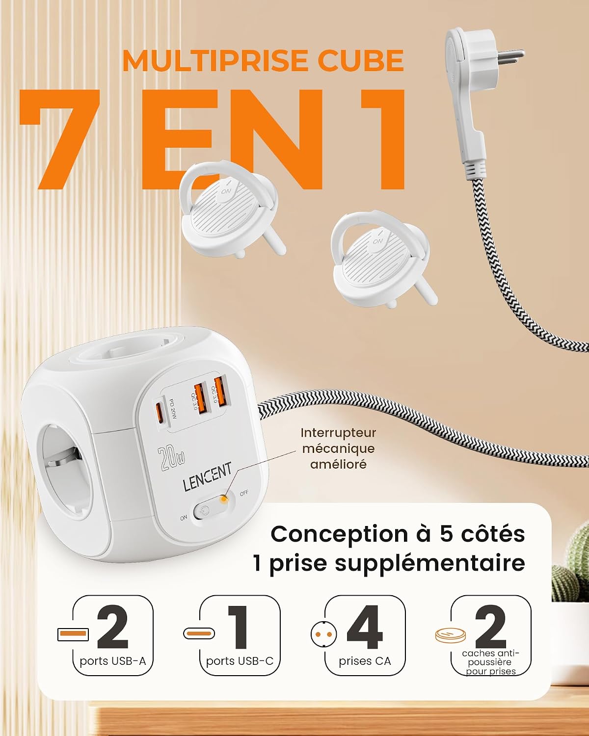 Detalle de LENCENT SL-805E-F-PD stekkerdoos met 4 stopcontacten, QC 3.0 en PD 20 W