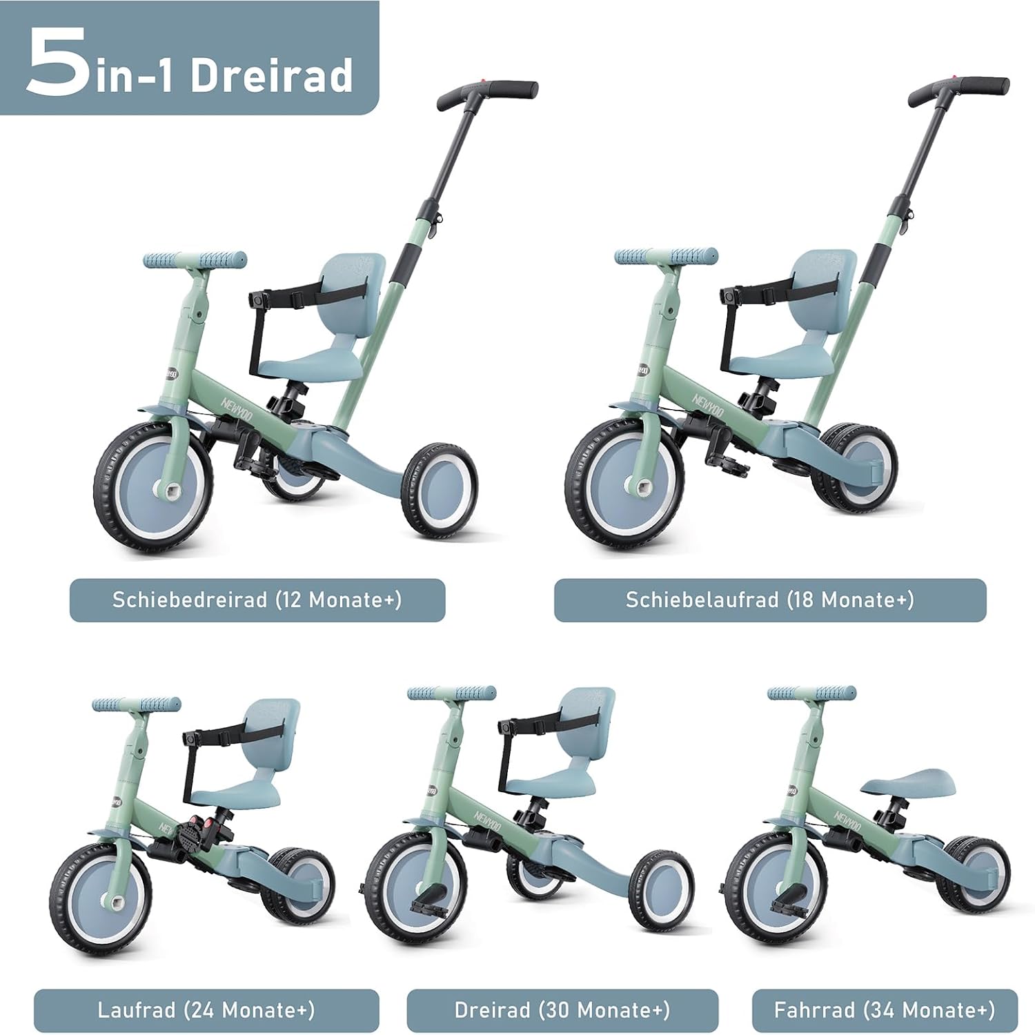 Detalle de Newyoo 5-in-1 Dreirad: Laufrad ab 1 Jahr mit verstellbarem Lenker und Sitz – Grün