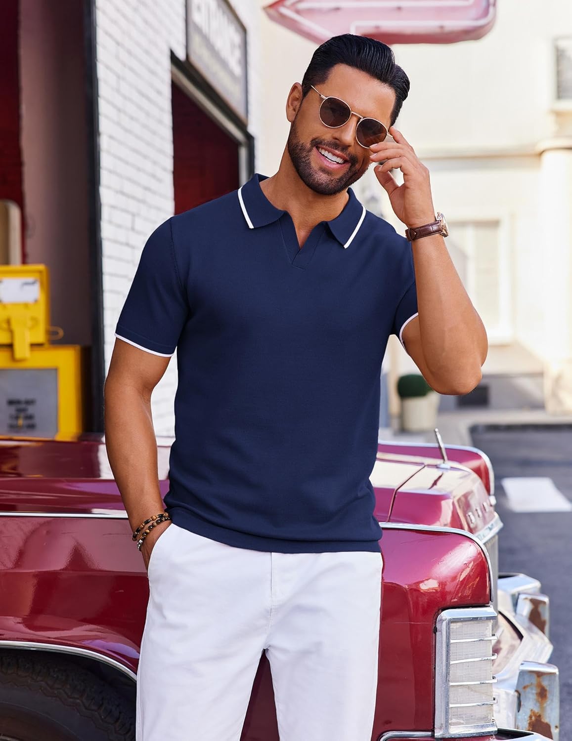 Detalle 2 de COOFANDY Men's Short Sleeve Polo Shirt – Vintage Inspired Knit Polo for Everyday Comfort