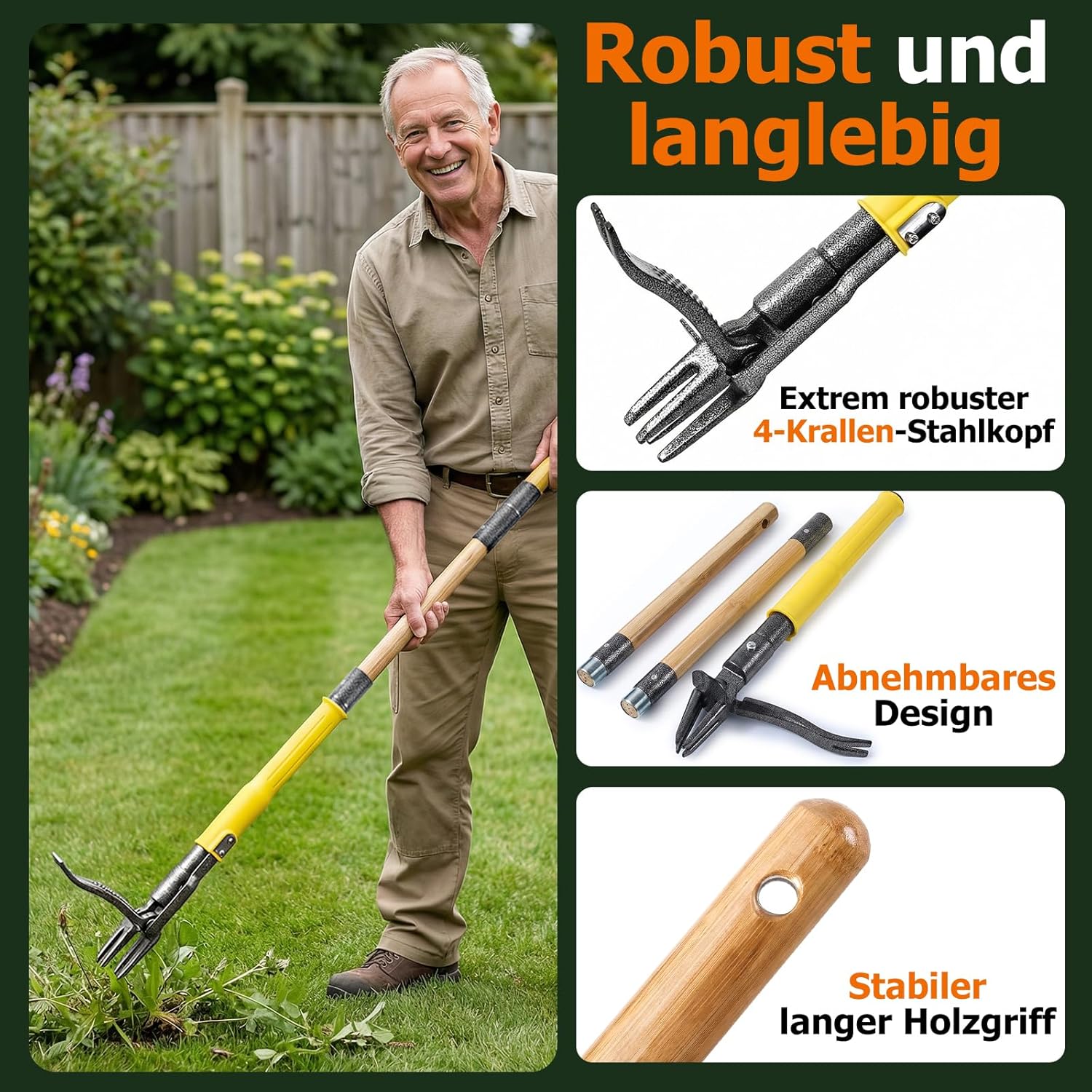 Detalle de CJYMMFAN Unkrautstecher mit langem Stiel und Auswurfmechanismus – Stand-Up Unkrautentferner, 109 cm, 4-Teiliges Holzgriff-Setup