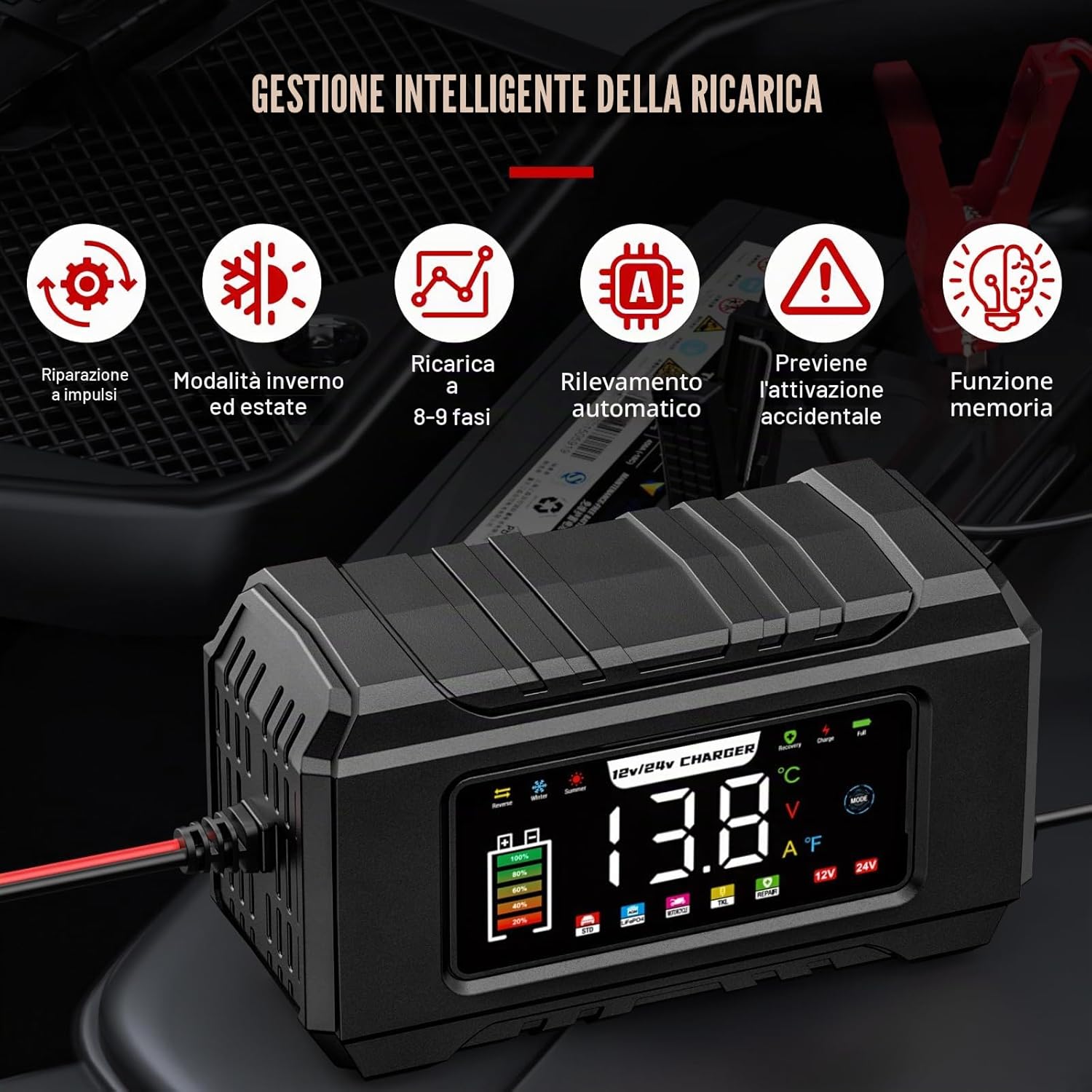 Detalle de Caricabatterie Husgw 12V/24V 15A-8A con display a colori: ricarica sicura per auto, moto, camion e barche