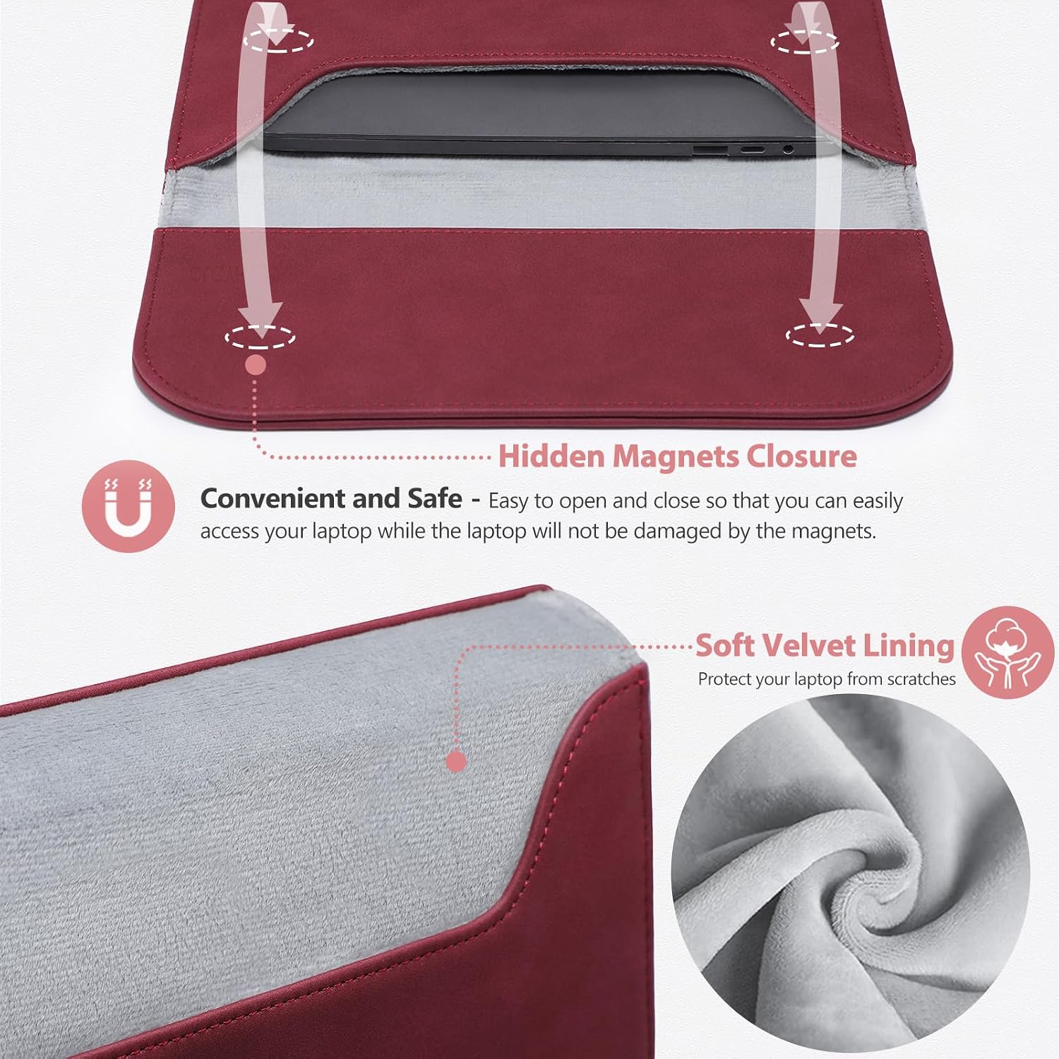 Thumbnail 3 de HYZUO 13.3–14 Inch Laptop Sleeve Case in Faux Suede Leather, Wine Red