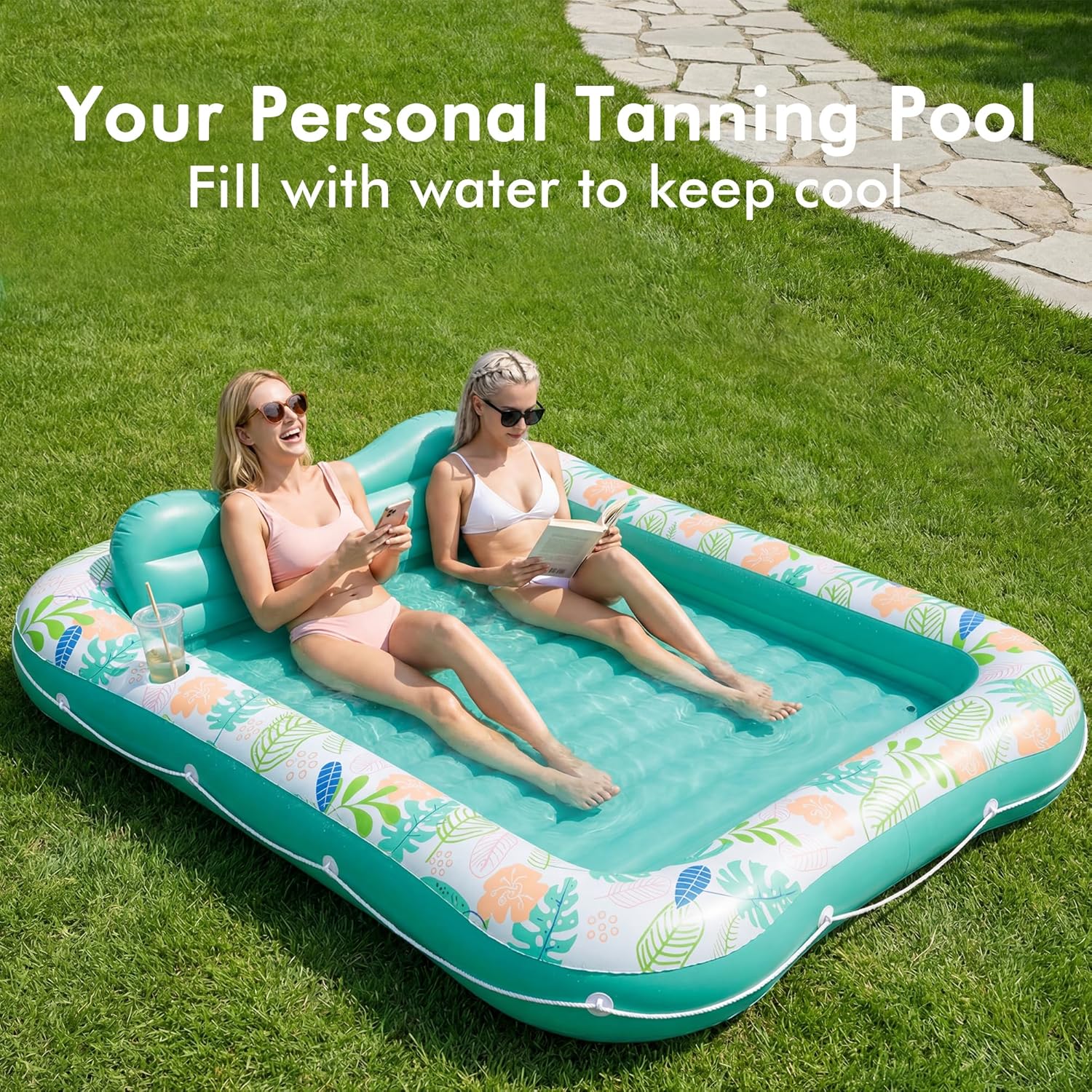 Detalle 2 de Inflatable Tanning Pool Lounger Float by Stonful — 87" x 63" with Pillow, Cup Holder, and Water-Filled Comfort
