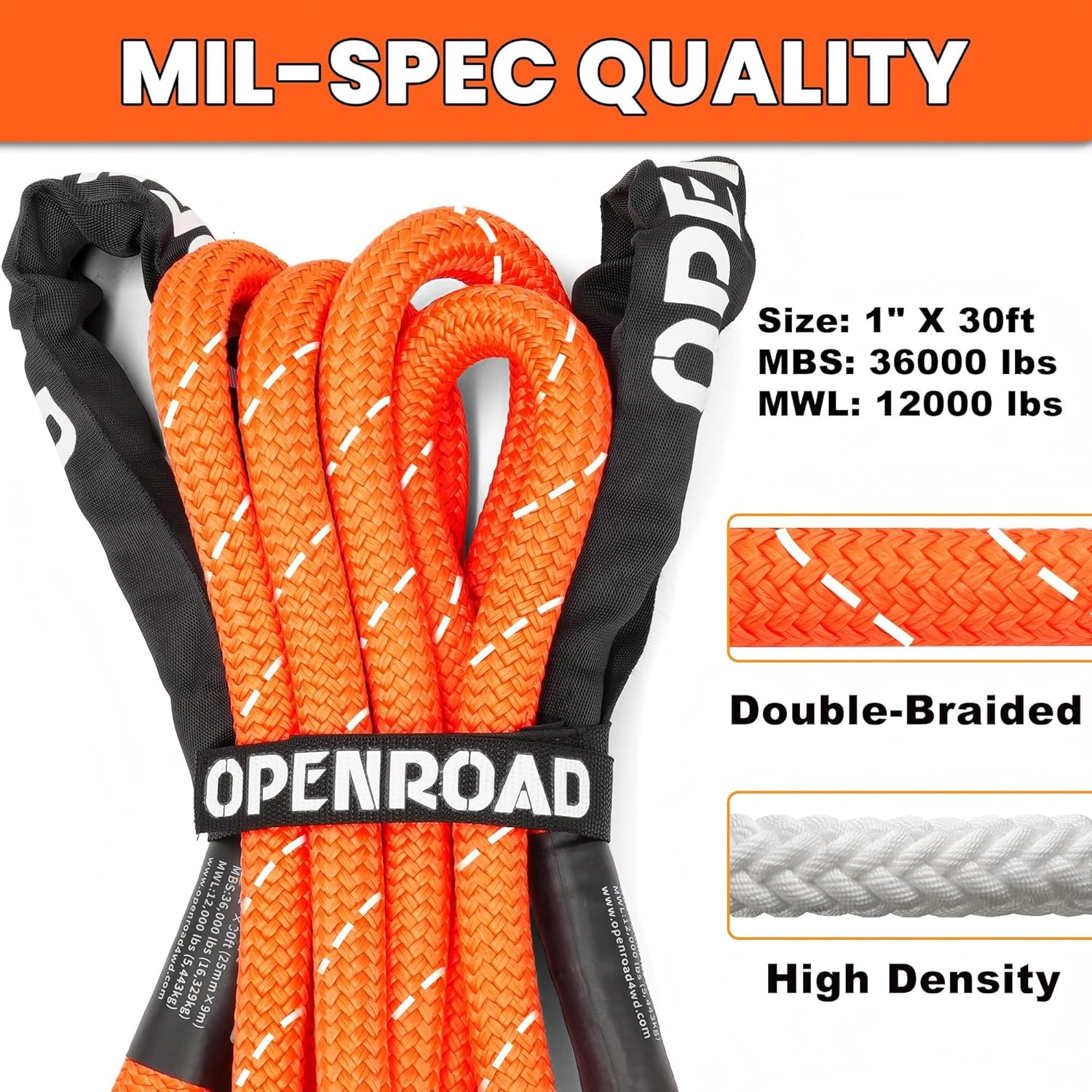 Thumbnail 1 de OPENROAD Kinetic Recovery Tow Rope, 36000 Lbs, 1in x 30ft with Soft Shackle