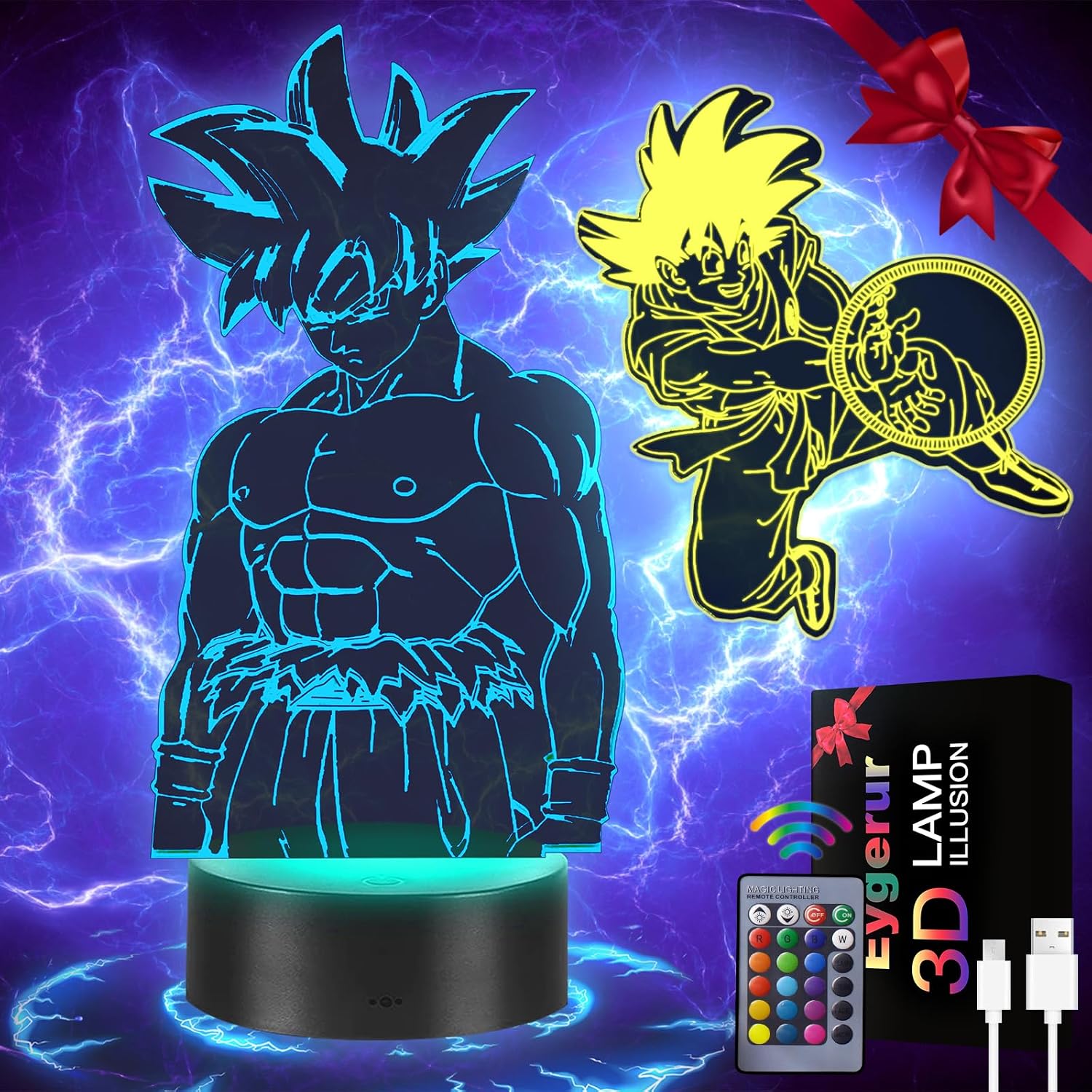 Eygerur Lampe Goku 2-en-1: Veilleuse 3D LED Illusion pour Enfants avec Télécommande et 16 Couleurs