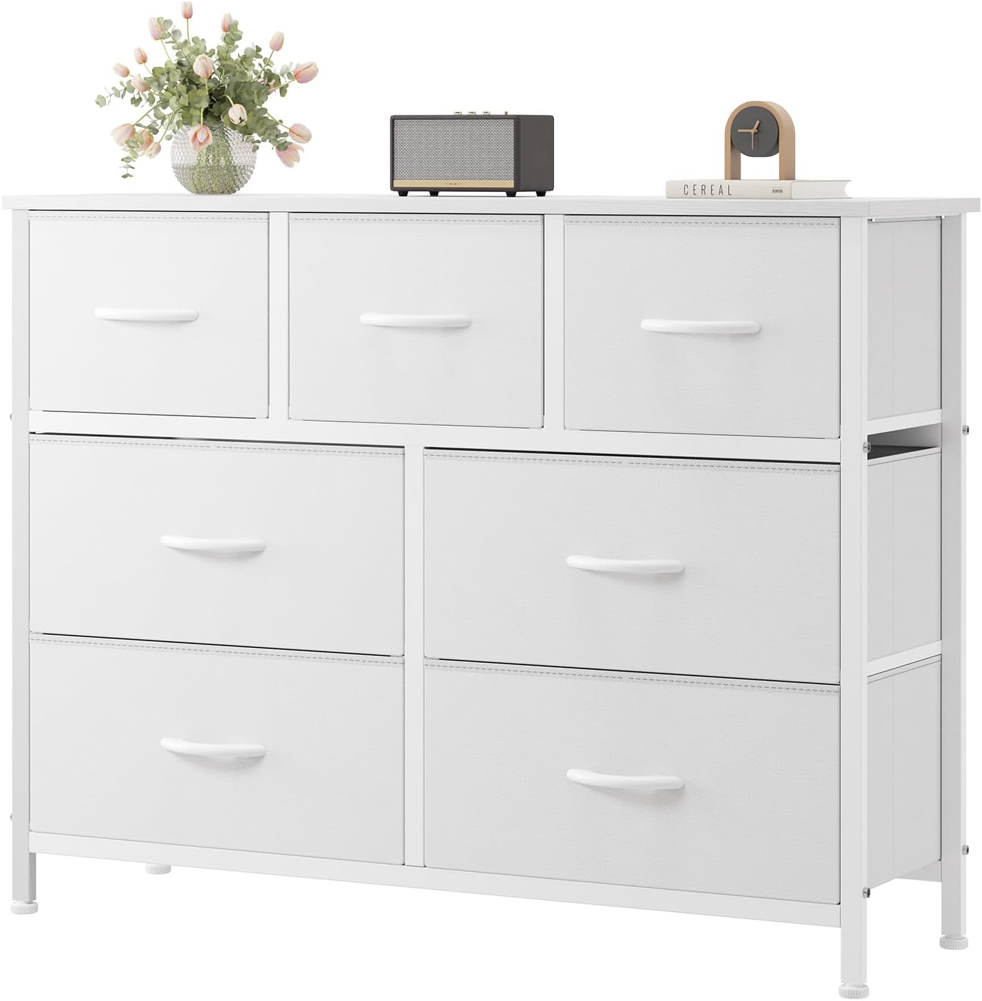 Detalle de OLIXIS CAB-7BC-V2-WT 7-Drawer Fabric Dresser with Steel Frame and Wood Top