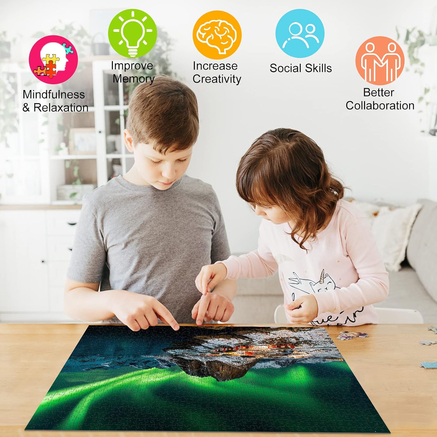 Detalle de Puzzle 1000 Teile – Norwegens Aurora (für Erwachsene, 70 x 50 cm)