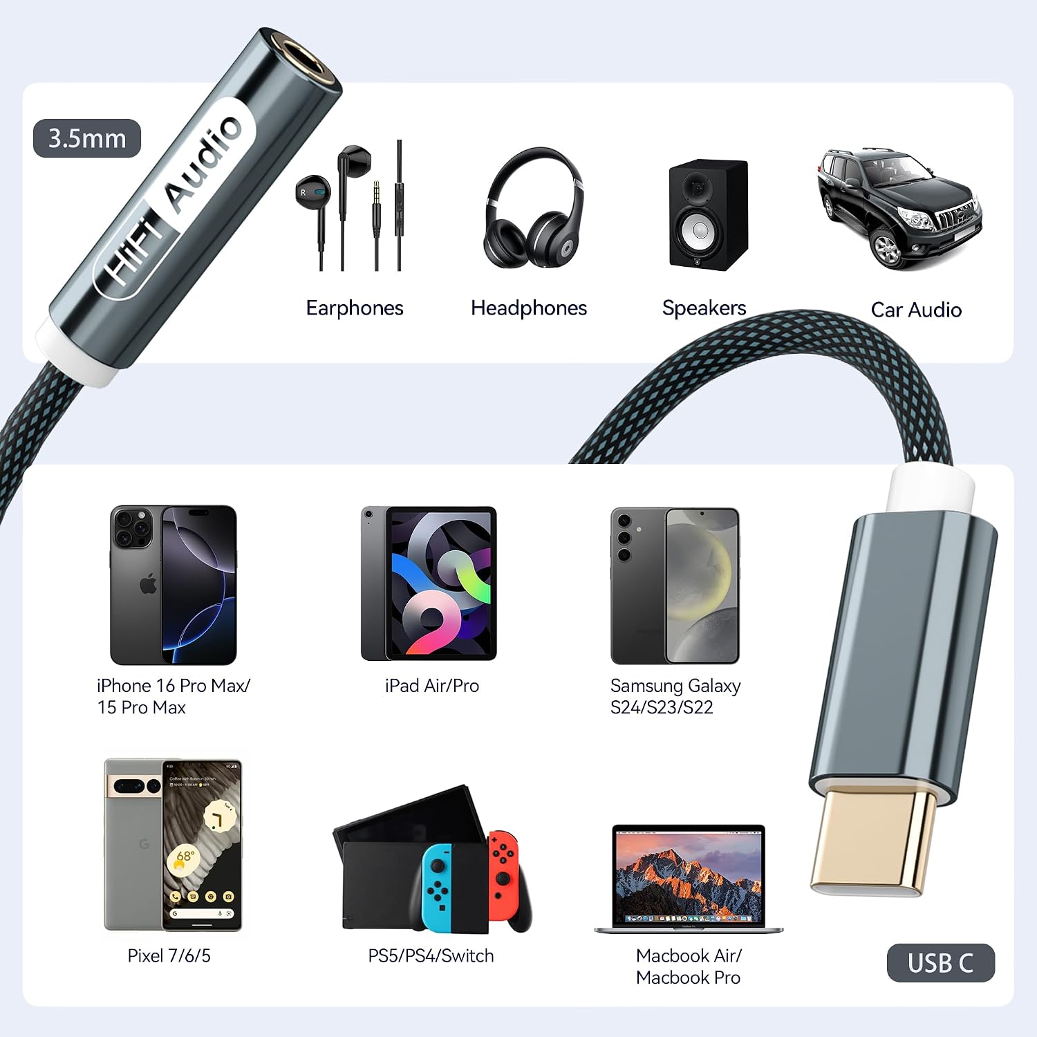 Thumbnail 6 de Adaptateur USB‑C vers prise jack 3,5 mm YISH avec DAC Hi‑Fi — Compatible iPhone, Galaxy, Pixel et MacBook