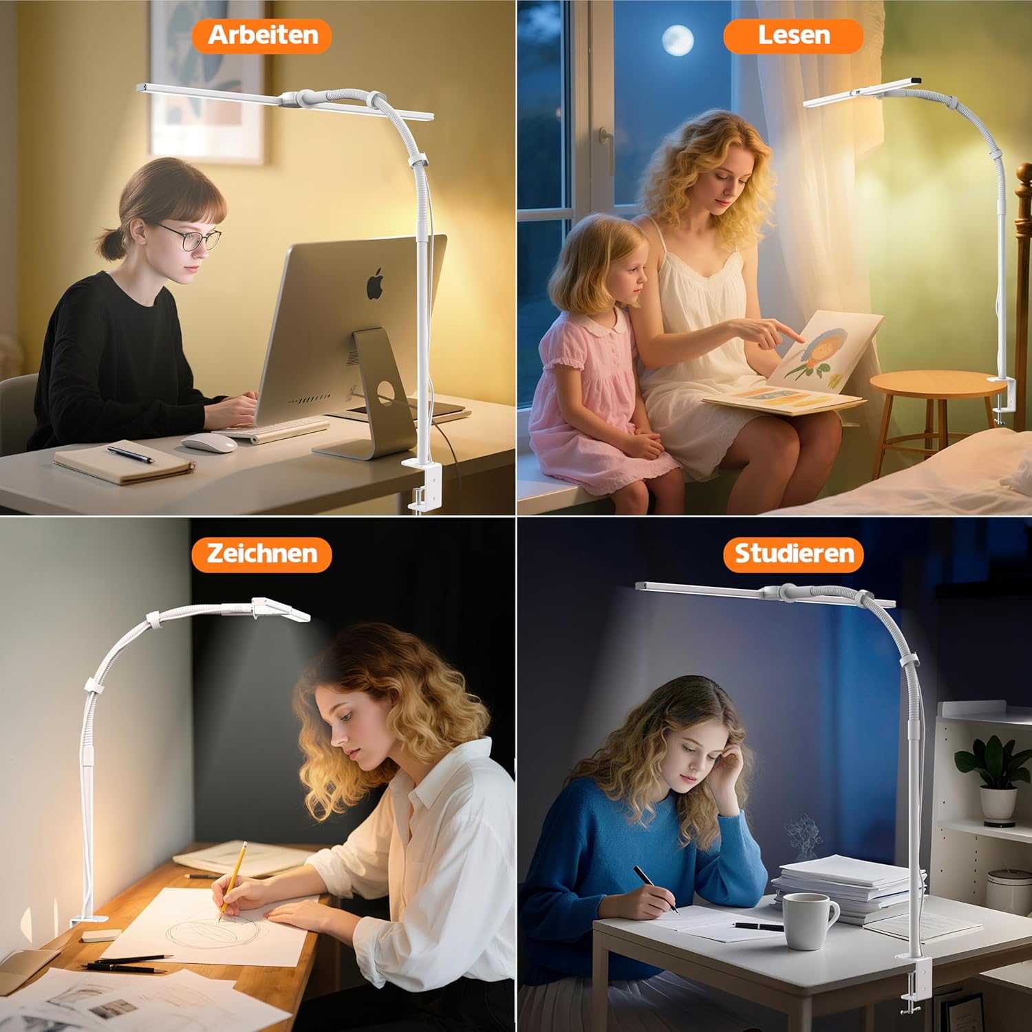 Thumbnail 6 de Doppelkopf Schreibtischlampe LED – dimmbar, 1200 Lumen, 5 Farbtemperaturen und 5 Helligkeitsstufen mit Schwanenhals und Cliphalter