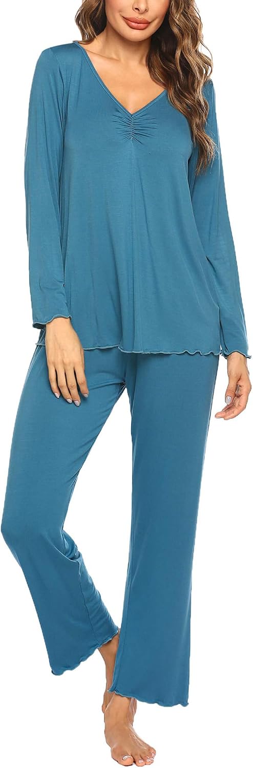 Detalle de Ekouaer Damen Schlafanzug Lang Pyjama Set Kuschelig Nachtwäsche