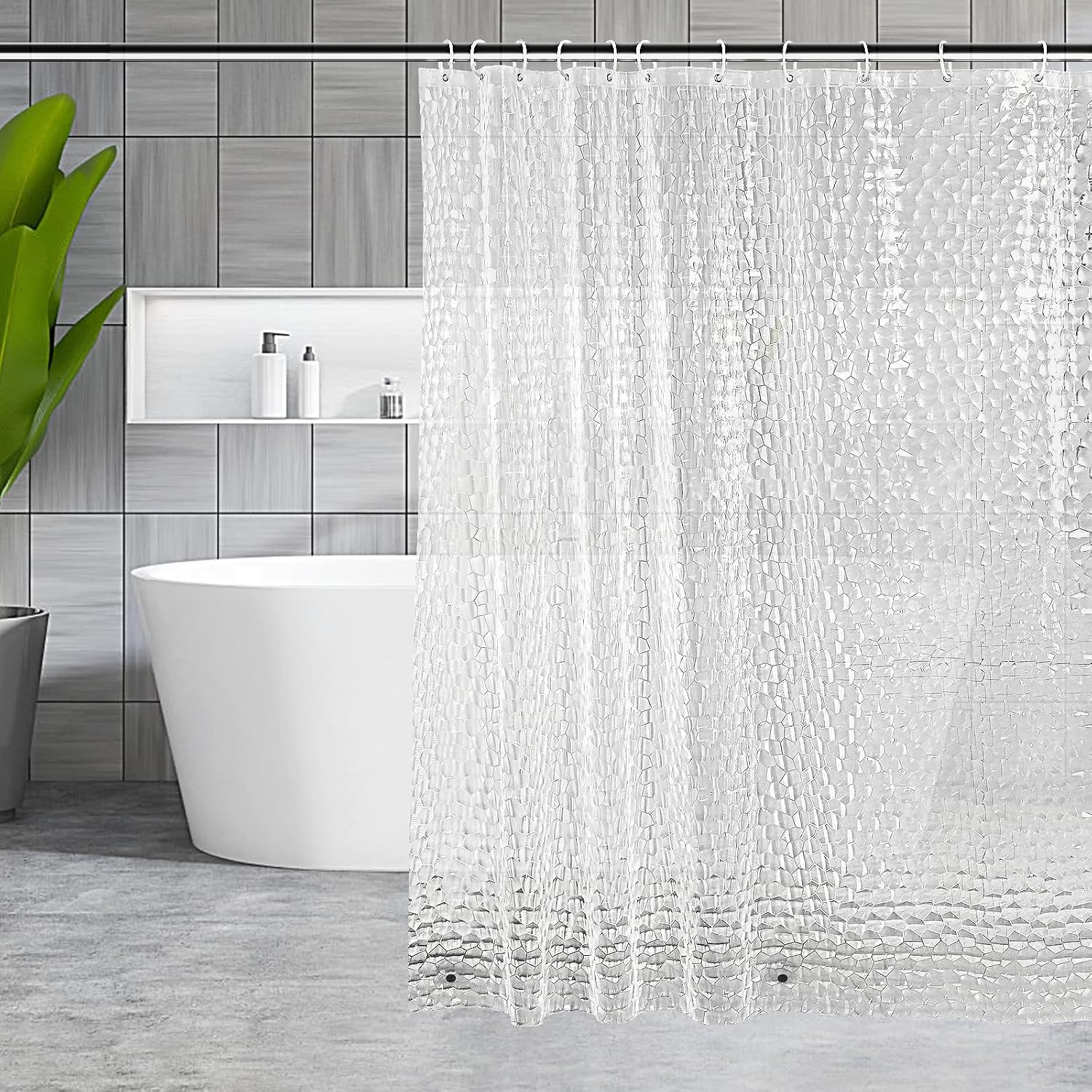 Detalle de OTraki Clear Shower Curtain 180 x 180 cm: Extra Long 3D Design, Anti-Mould, Waterproof with 12 Hooks