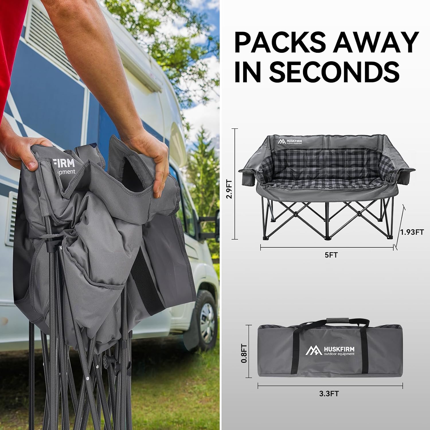 Thumbnail 5 de Huskfirm Double Camping Chair Padded 2-Person Camping Loveseat with Cup Holders (Grey)