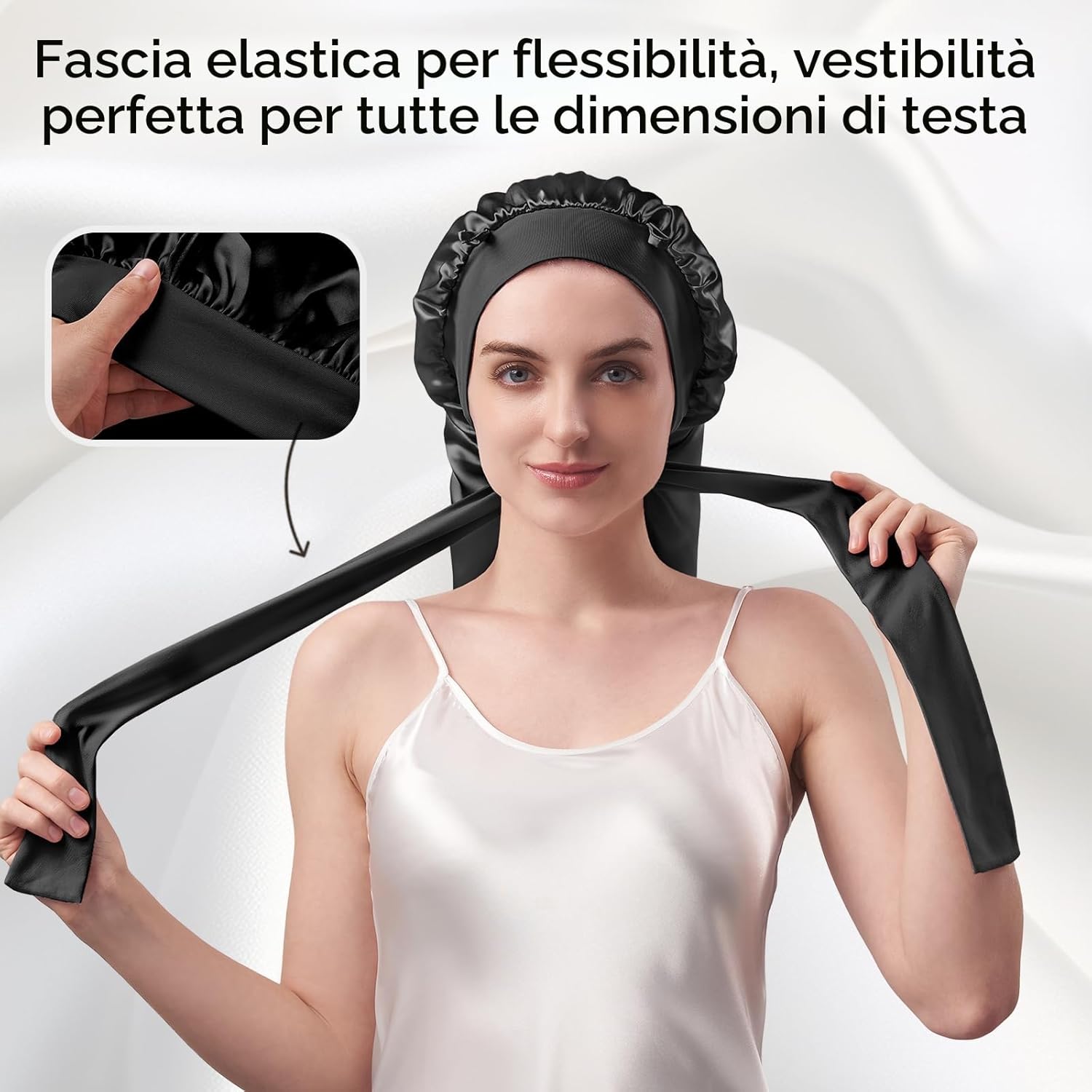 Detalle de Umisleep 22 Momme: cuffia in seta di gelso doppiamente rifinita per capelli voluminosi