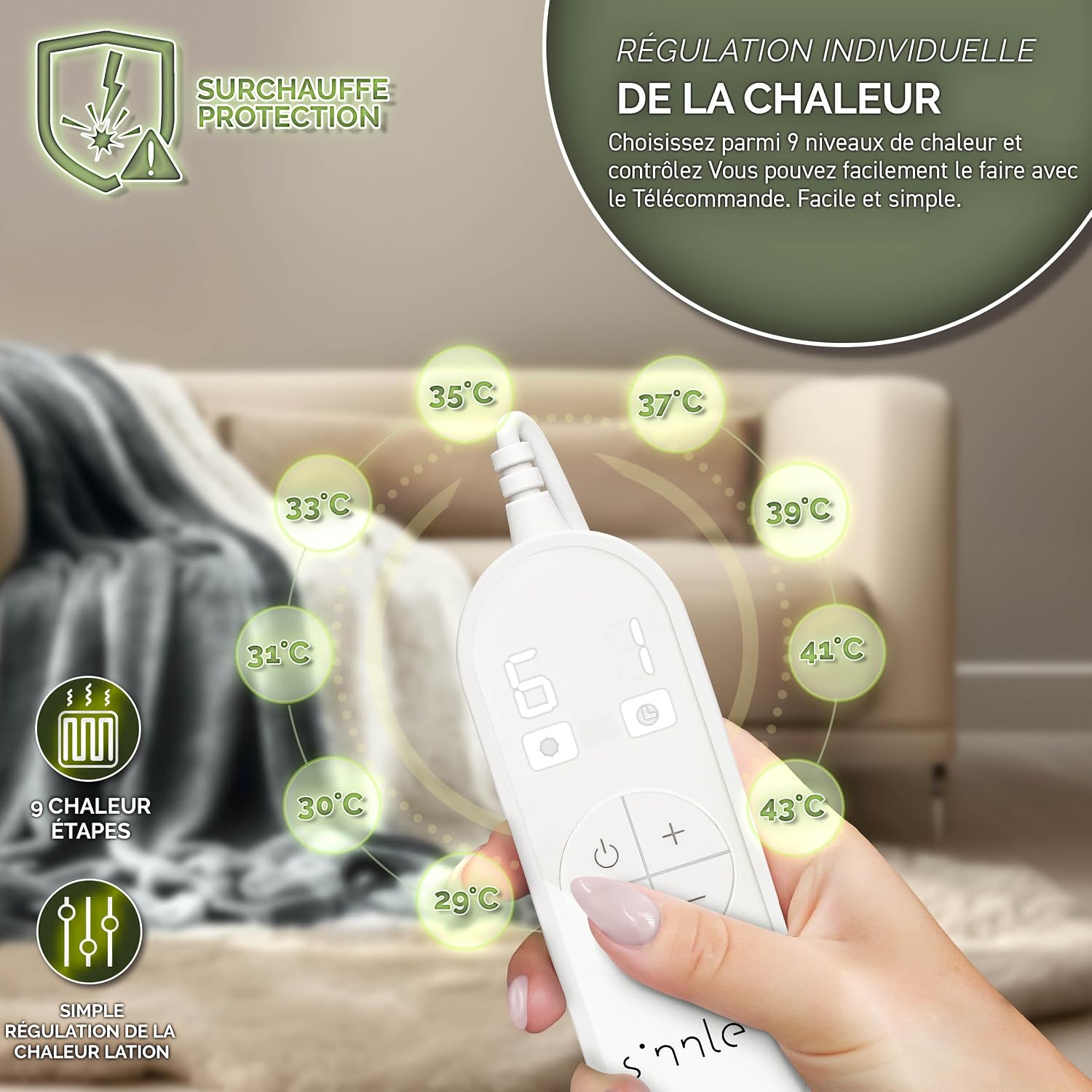 Detalle de sinnlein Couverture chauffante 180 × 130 cm : chaleur réglable, arrêt automatique et lavage en machine