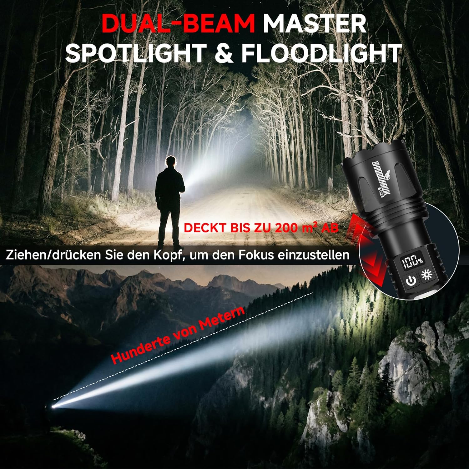 Thumbnail 3 de Shadowhawk 2er-Set Extrem Hell LED-Taschenlampen, USB-C+A aufladbar mit COB-Arbeitslicht, 7 Modi, N45 Magnet & LCD