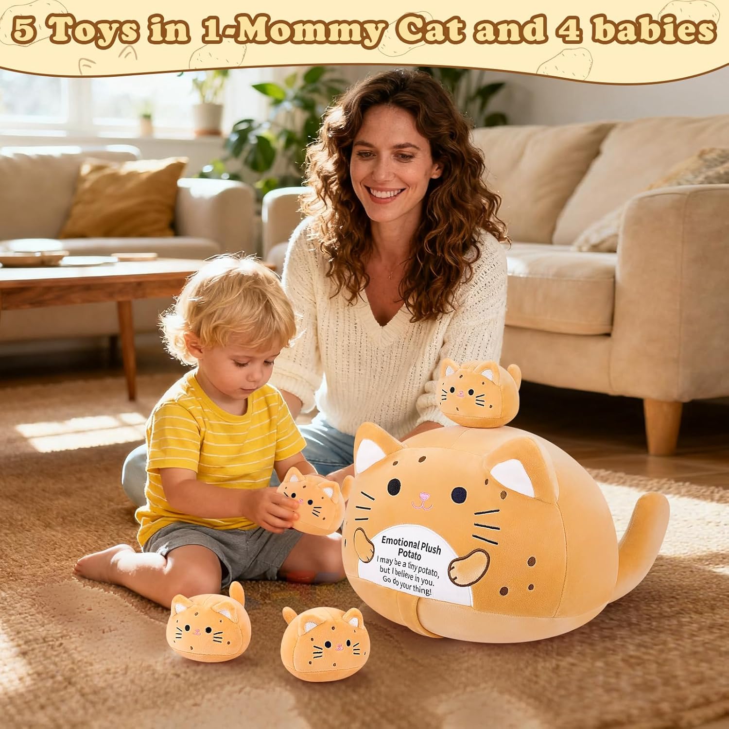 Detalle de Auspicious Beginning 5pcs Stuffed Cat Plush – Emotional Support Potato Style Set