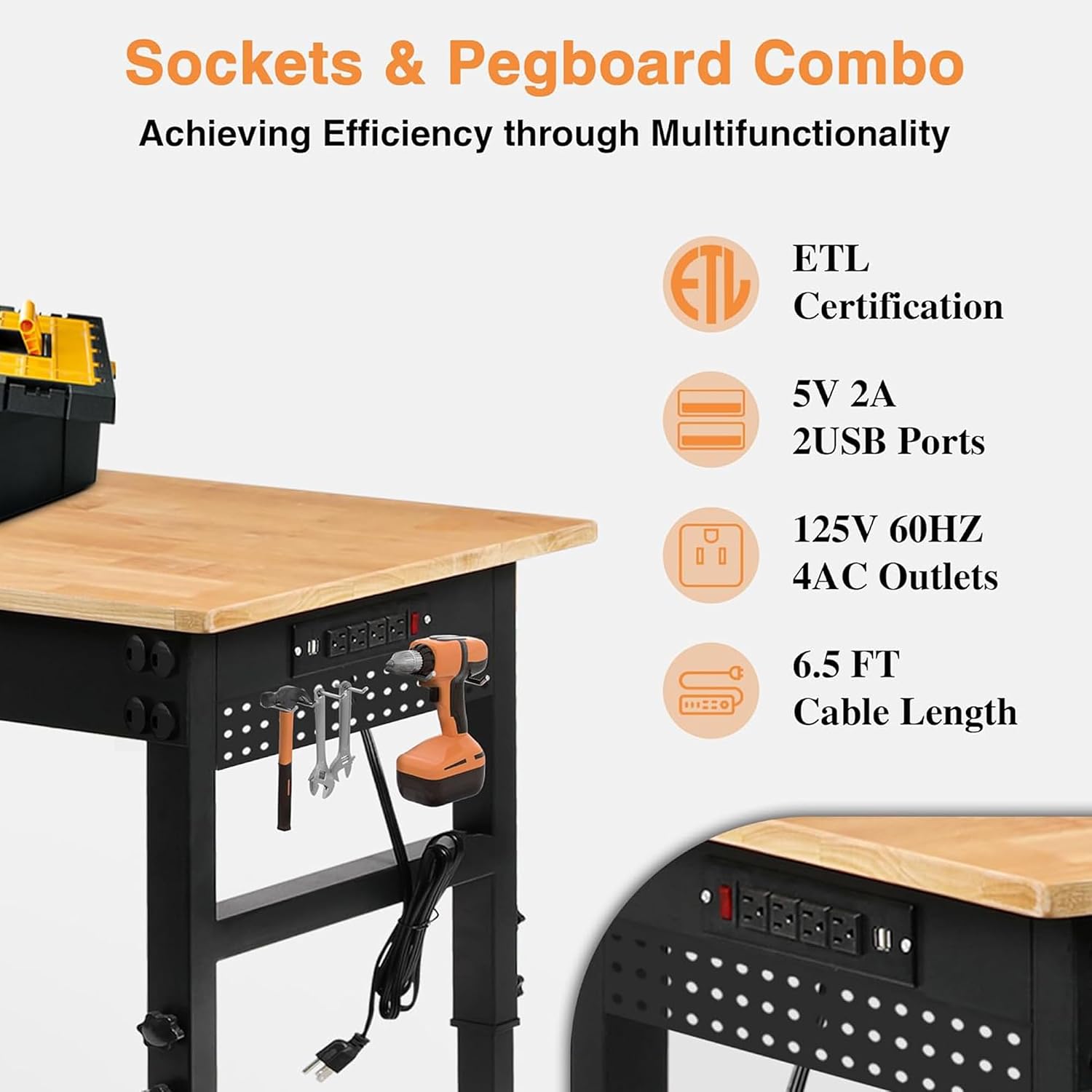 Detalle 2 de Betterhood 001 Convertible Adjustable Workbench, 96-Inch Rubber Wood Top