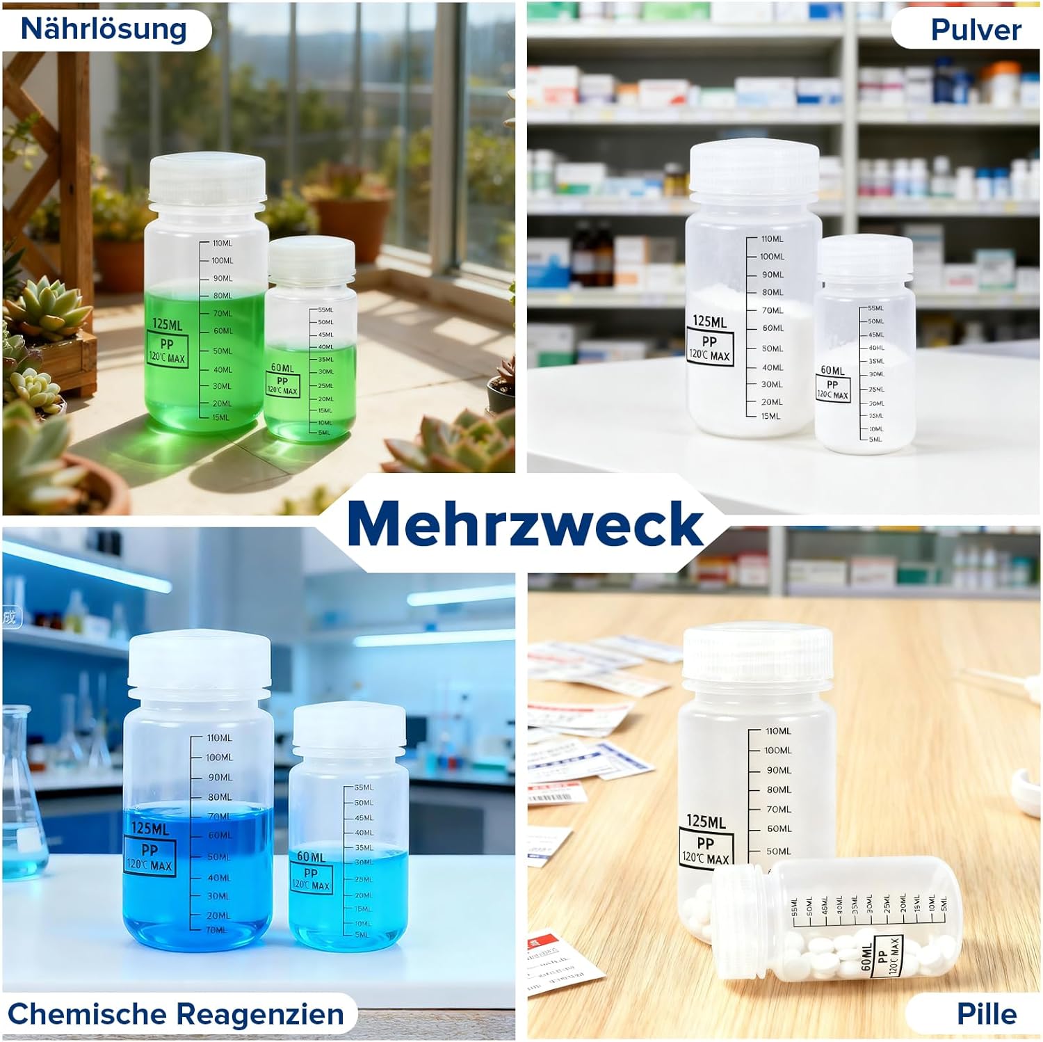 Thumbnail 6 de Mispudin 10er Set Weithalsflaschen mit Skalierung, 60 ml – Laborflaschen aus Kunststoff mit Trichter, Etiketten & Pinsel