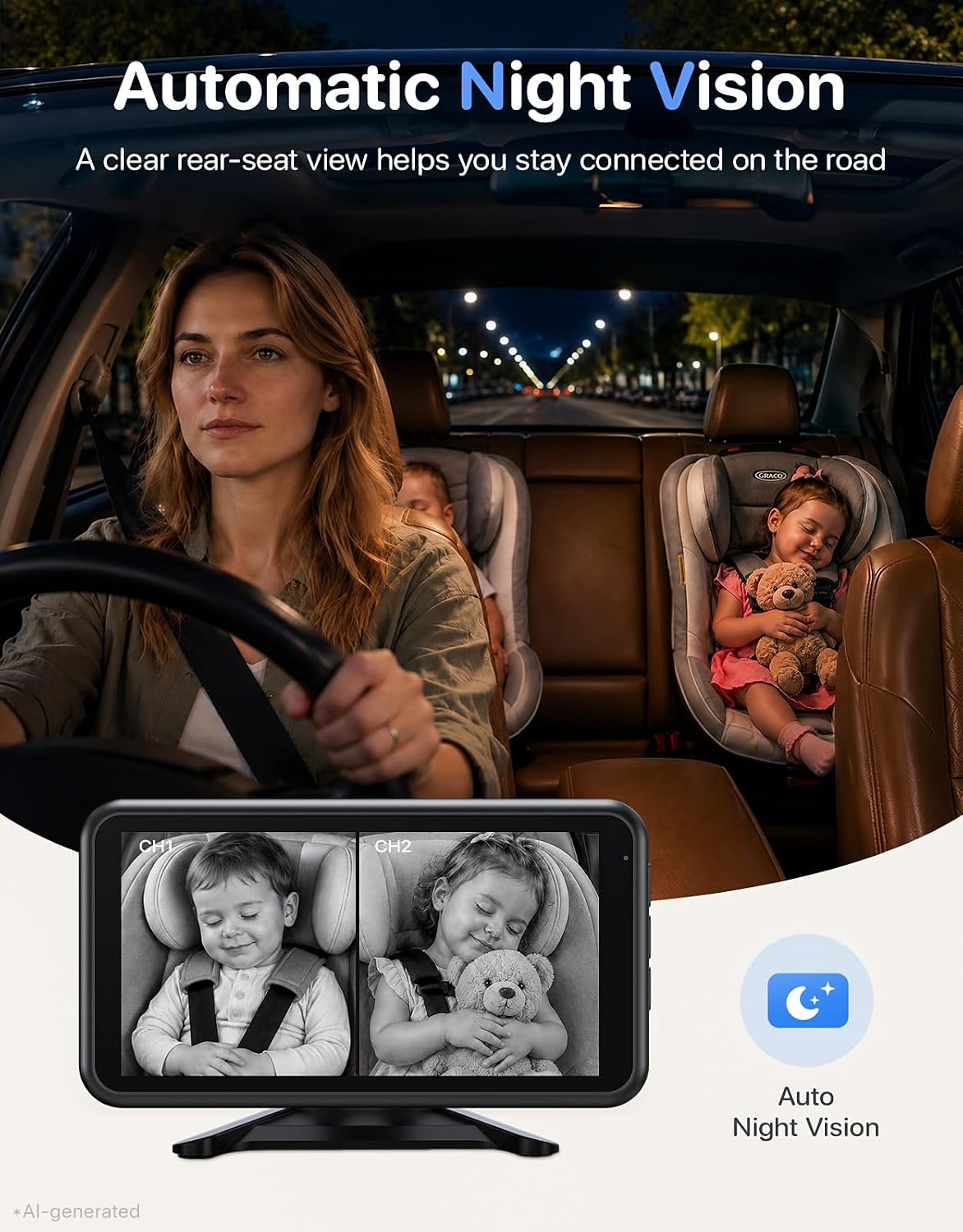 Thumbnail 4 de BM5PRO 7.2" 1080P HD Dual Car Camera Baby Monitor for 2 Kids (Split Screen, IR Night Vision)