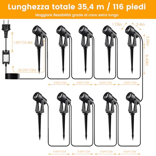 Thumbnail 6 de LONIUTO Faretti da giardino 35 m con telecomando e timer, 10 pezzi 3W, LED COB 3000K, IP65 – illuminazione esterna regolabile